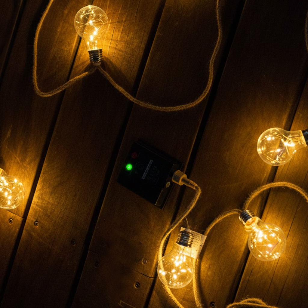 Lichterketten mit leuchtenden Glühbirnen auf Holzplanken. Eine schwarze Box mit grünem Licht ist eingesteckt.