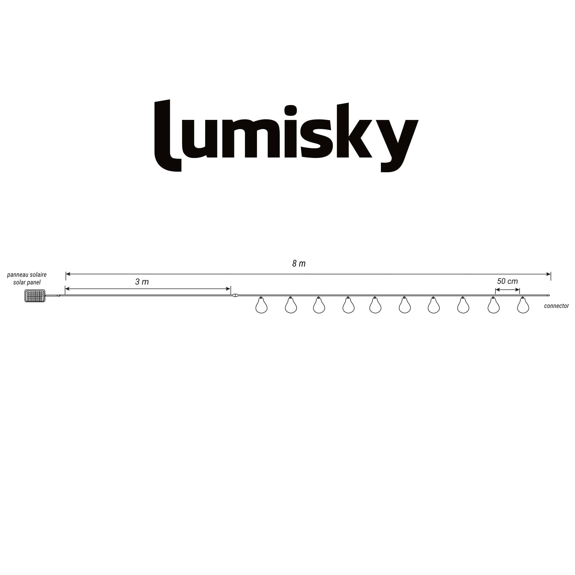 Diagramm von Lumisky-Solarleuchten. Zeigt ein Solarpanel, das mit einer Lichterkette verbunden ist. Abmessungen sind beschriftet.