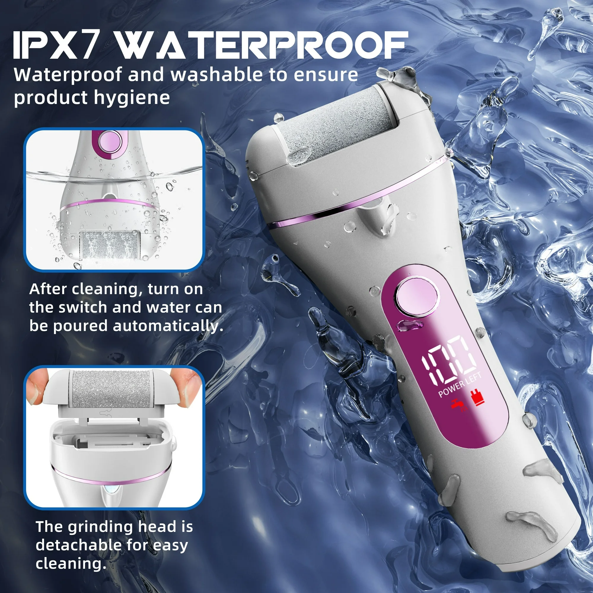 Ein weiß-rosa Fußfeile mit Digitalanzeige, in Wasser getaucht. Details zeigen den abnehmbaren Schleifkopf und den Reinigungsprozess.