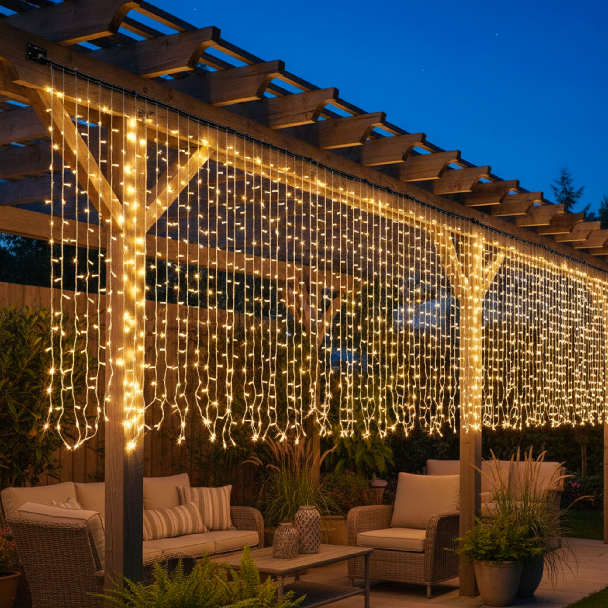 Ein Pavillon mit Lichterketten ist nachts beleuchtet. Darunter befinden sich Korbstühle und ein Tisch.