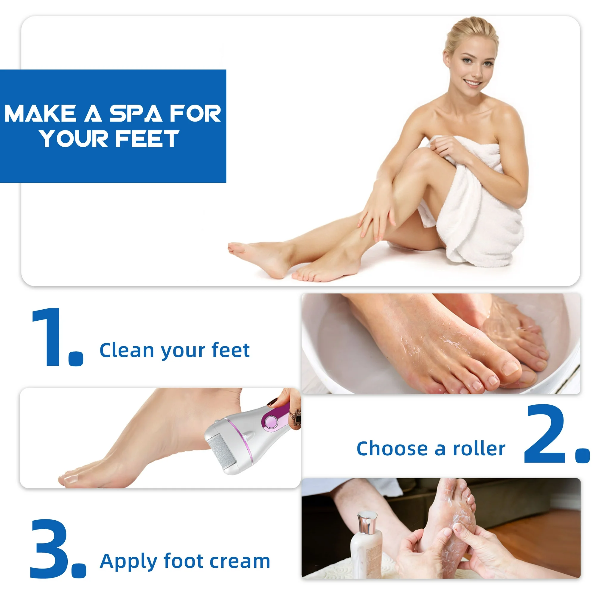 Das Bild zeigt Spa-Schritte. Eine Frau im Handtuch, Schritte zur Fußreinigung, Verwendung einer Rolle, Auftragen von Creme. Text: Mache ein Spa für deine Füße.