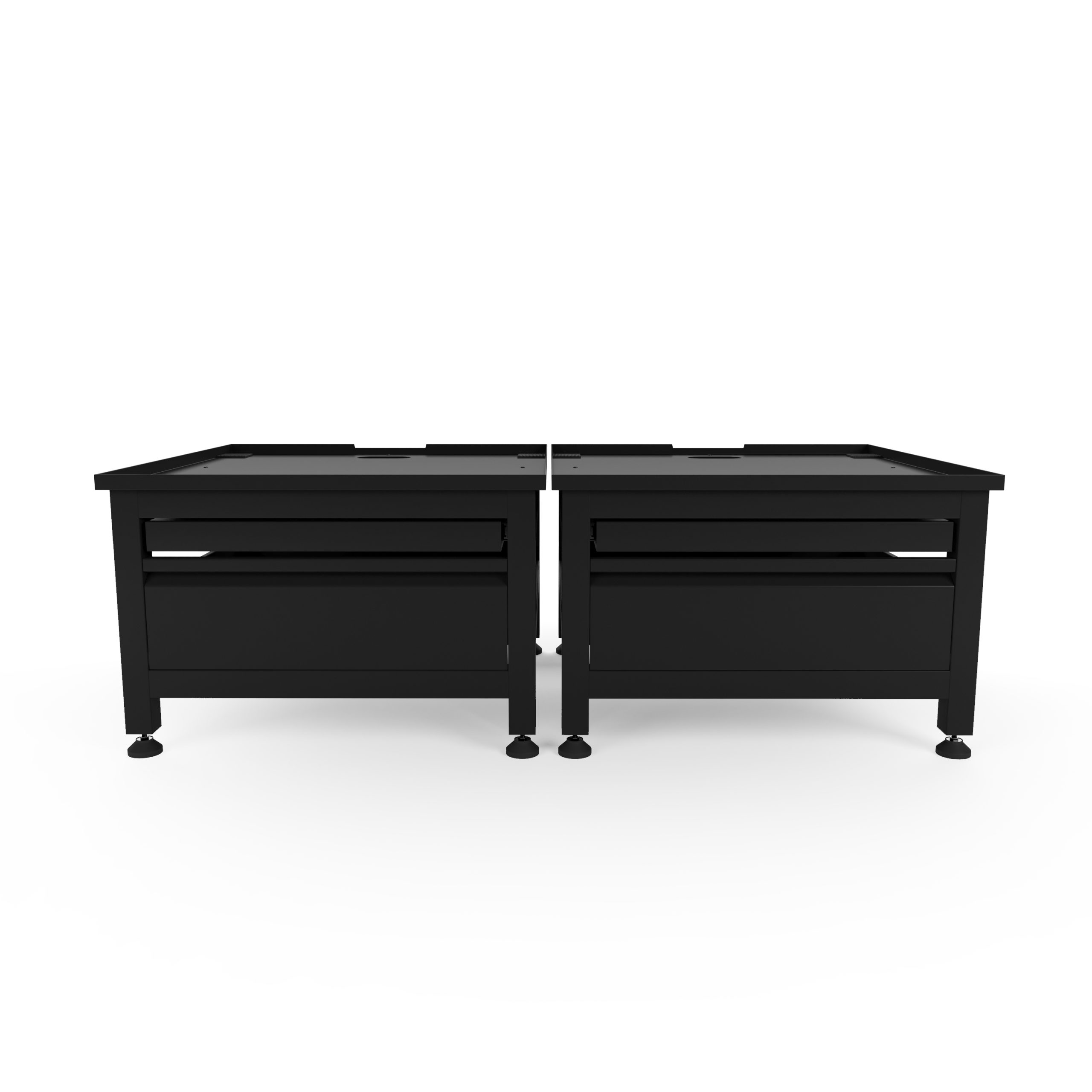 Two black tables with drawers. White background. Adjustable feet. Top surfaces are flat. Each has two drawers.