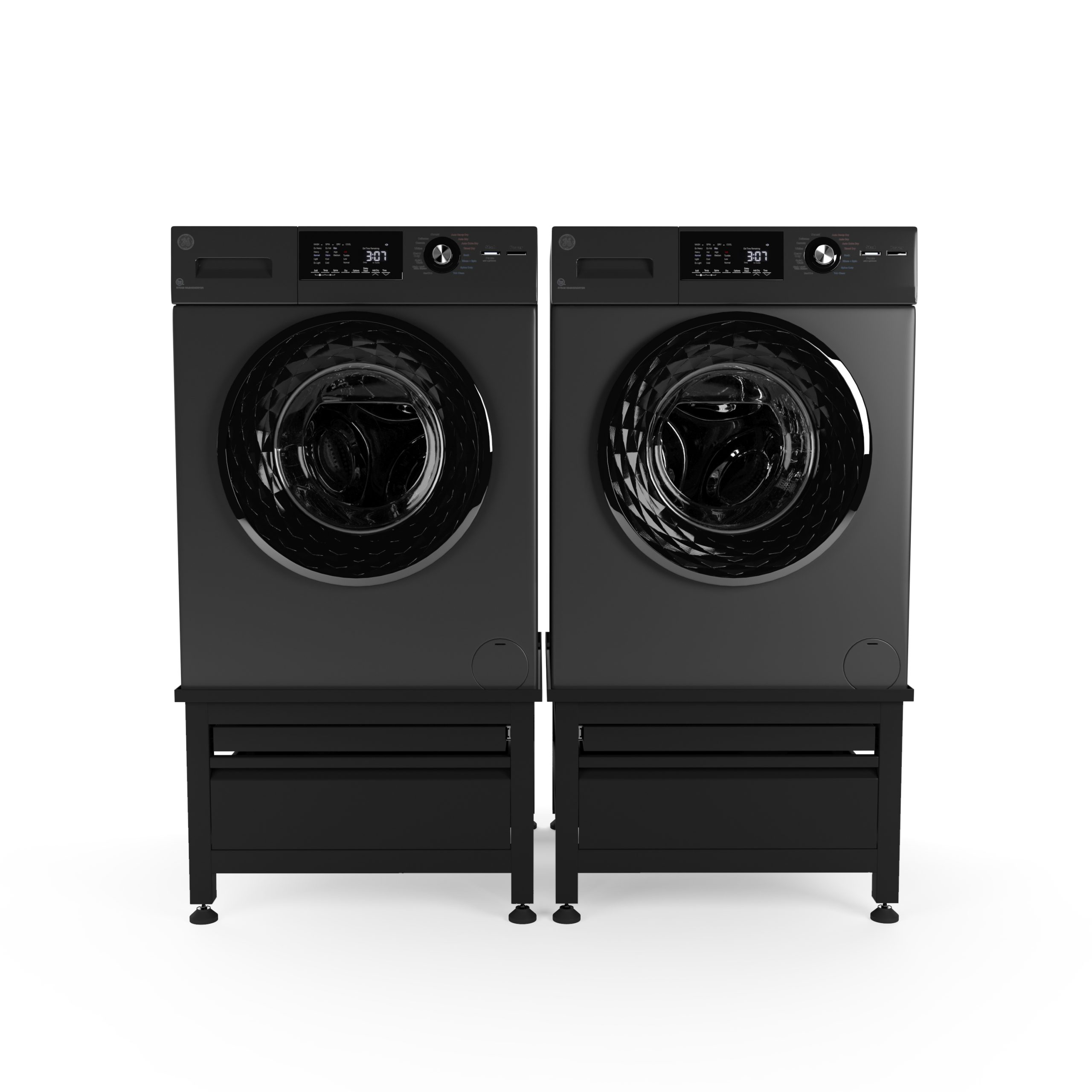 Two black washing machines on black stands. Each has a digital display and a patterned door.