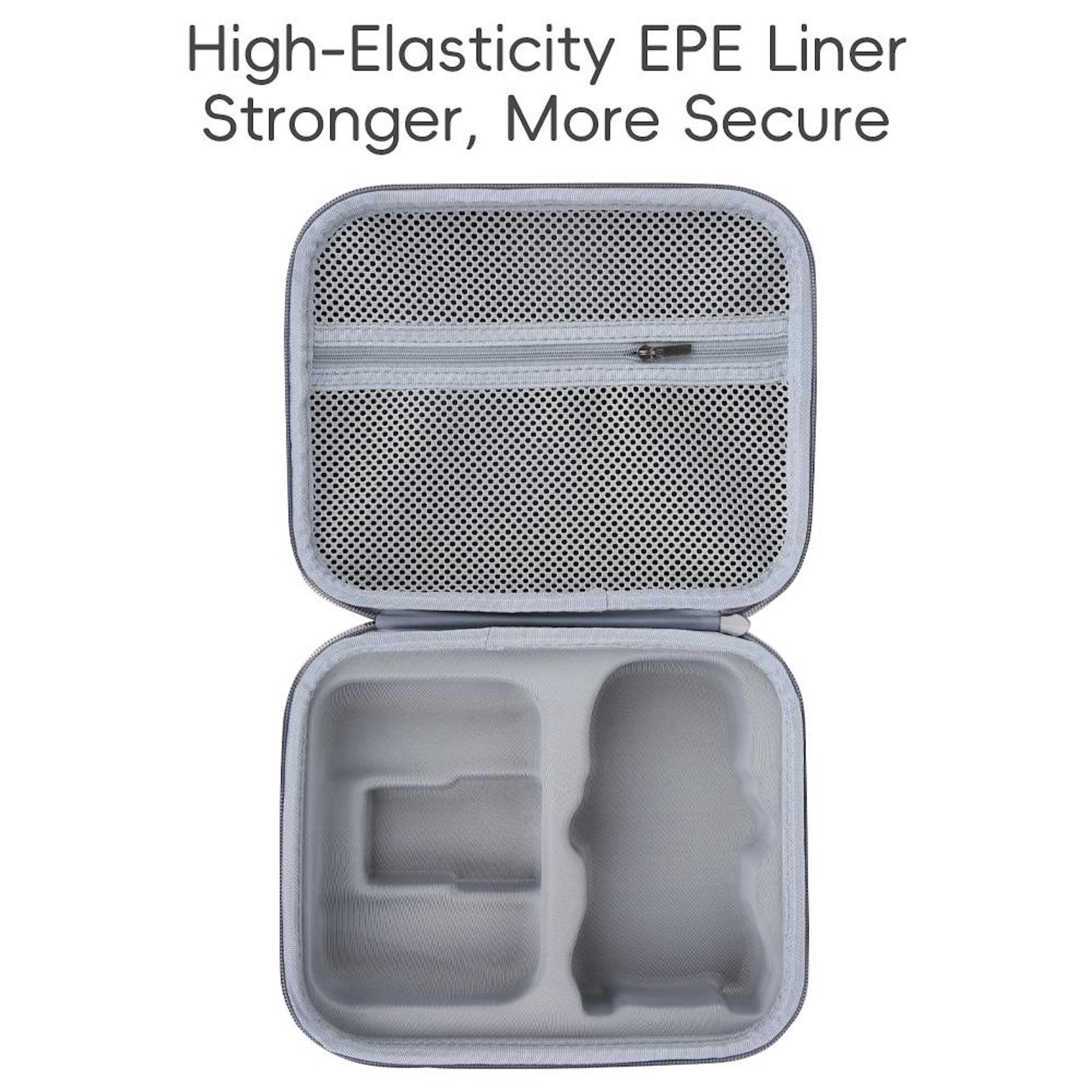 Graue Tragetasche mit Netz und Fächern. Text: 'High-Elasticity EPE Liner Stronger, More Secure'.