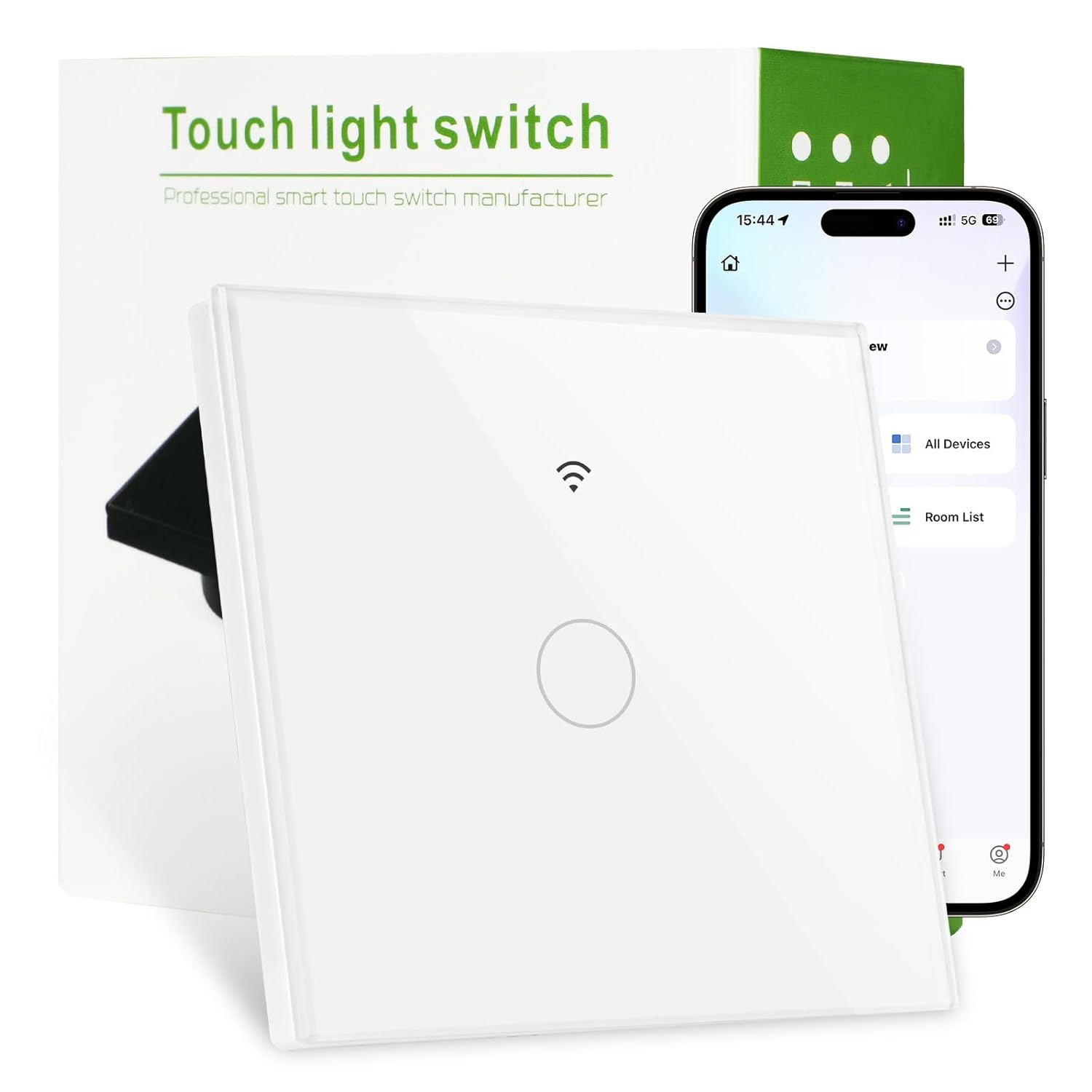 Ein weißer Touch-Lichtschalter mit Smartphone-Bedienelementen. Dahinter eine Box mit dem Text 'Touch-Lichtschalter'.