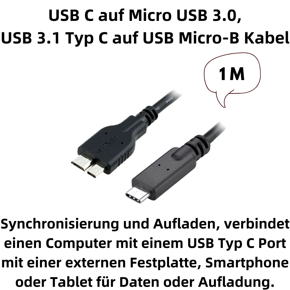 Schwarze USB-Kabel mit verschiedenen Anschlüssen. Ein Kabel zeigt eine Sprechblase mit "1M". Text beschreibt Datenübertragung und Aufladen.
