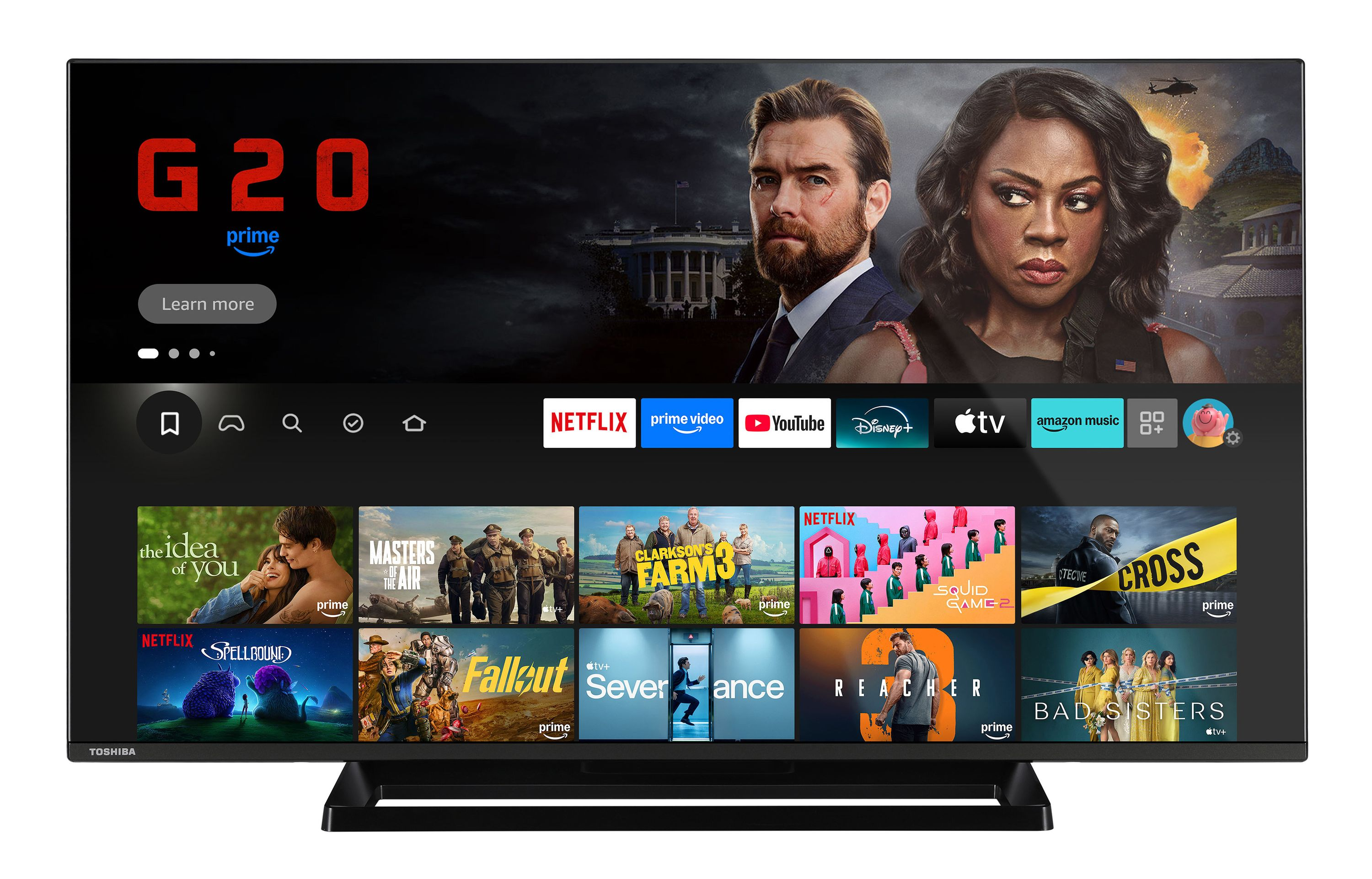 Ein Toshiba-Fernseher zeigt eine Streaming-Dienst-Oberfläche. Shows und Filme werden angezeigt. Schauspieler sind oben auf dem Bildschirm zu sehen.