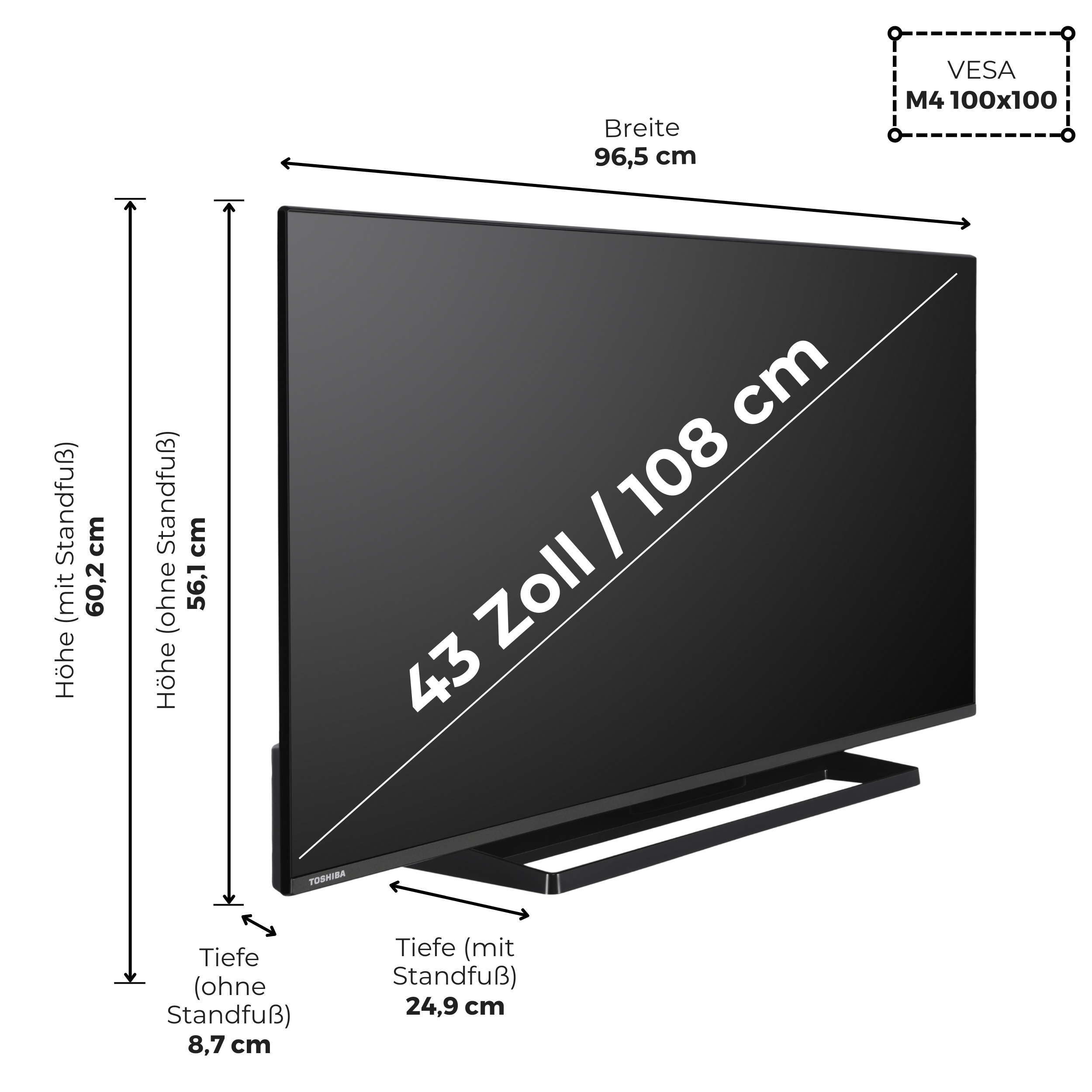 Schwarzer Toshiba-Fernseher mit Größenangaben, einschließlich Bildschirmdiagonale (43 Zoll), Höhe und Breite.