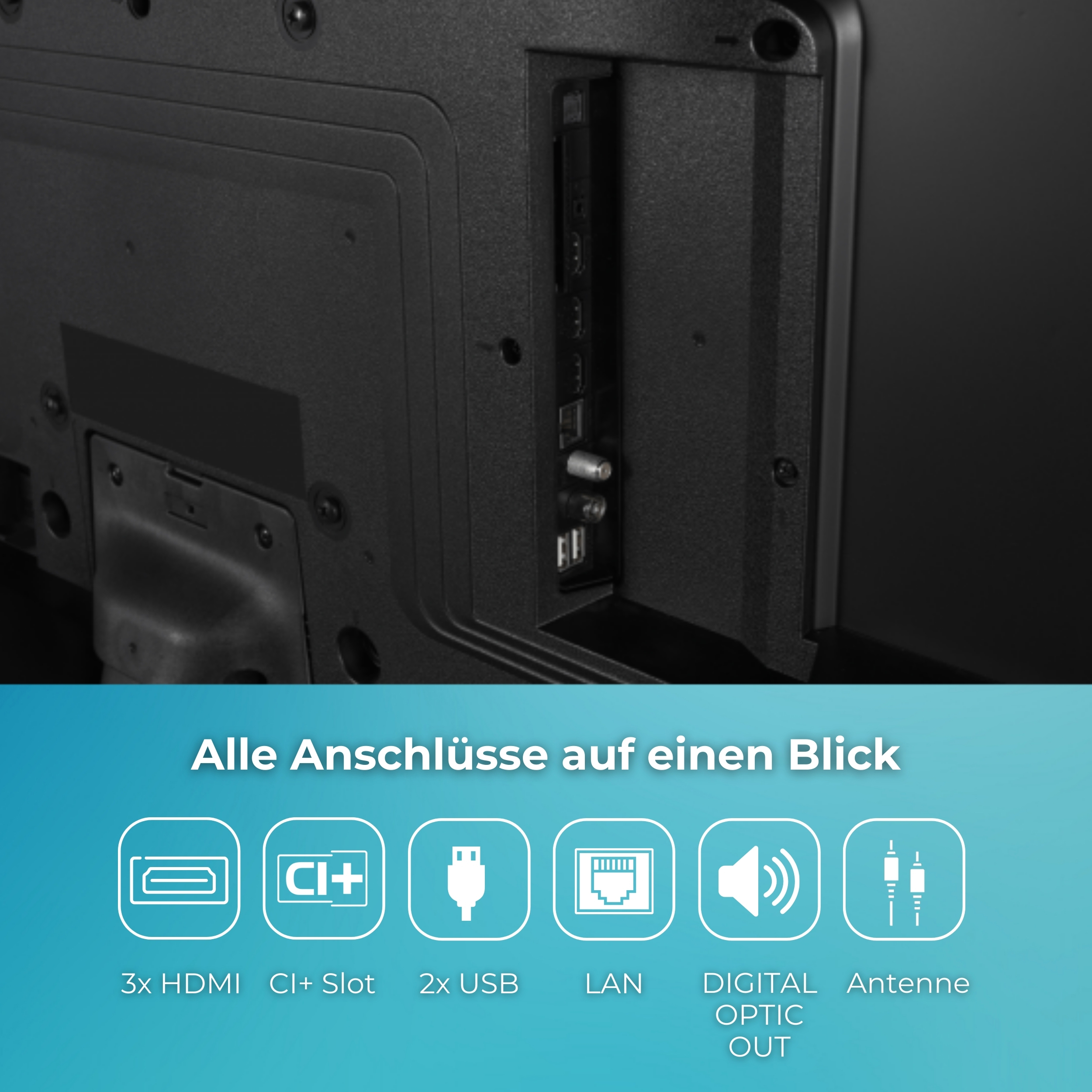 Rückansicht eines Fernsehers mit Anschlüssen, einschließlich HDMI, USB und LAN. Text: Alle Anschlüsse auf einen Blick.