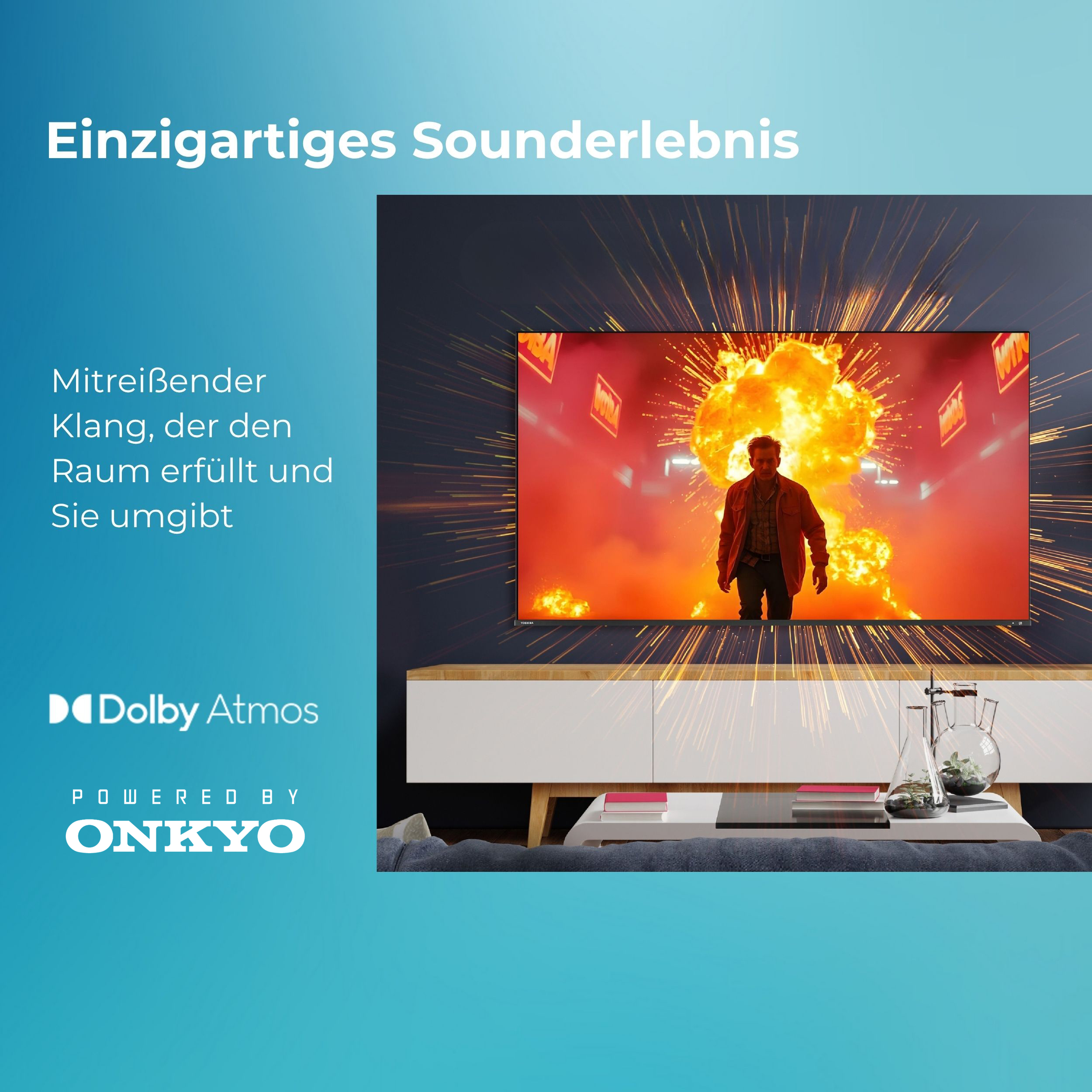 Fernseher mit Explosion. Darunter ein weißer Schrank mit Kolben. Text: Dolby Atmos, Powered by Onkyo.