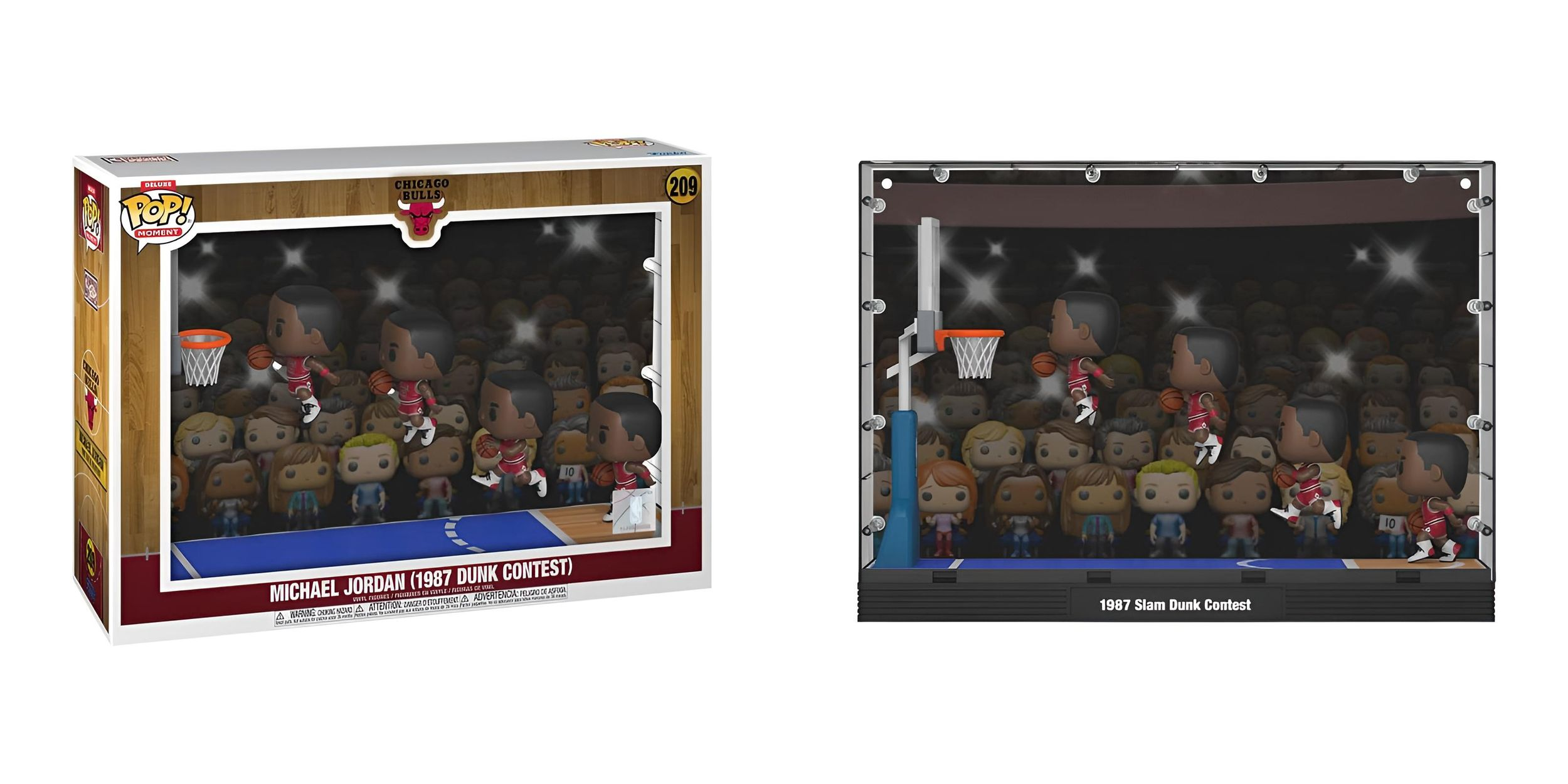 Funko Pop! von Michael Jordan beim Dunking. Es ist in einer Vitrine mit einer Menge von Fans und einem Basketballfeld.