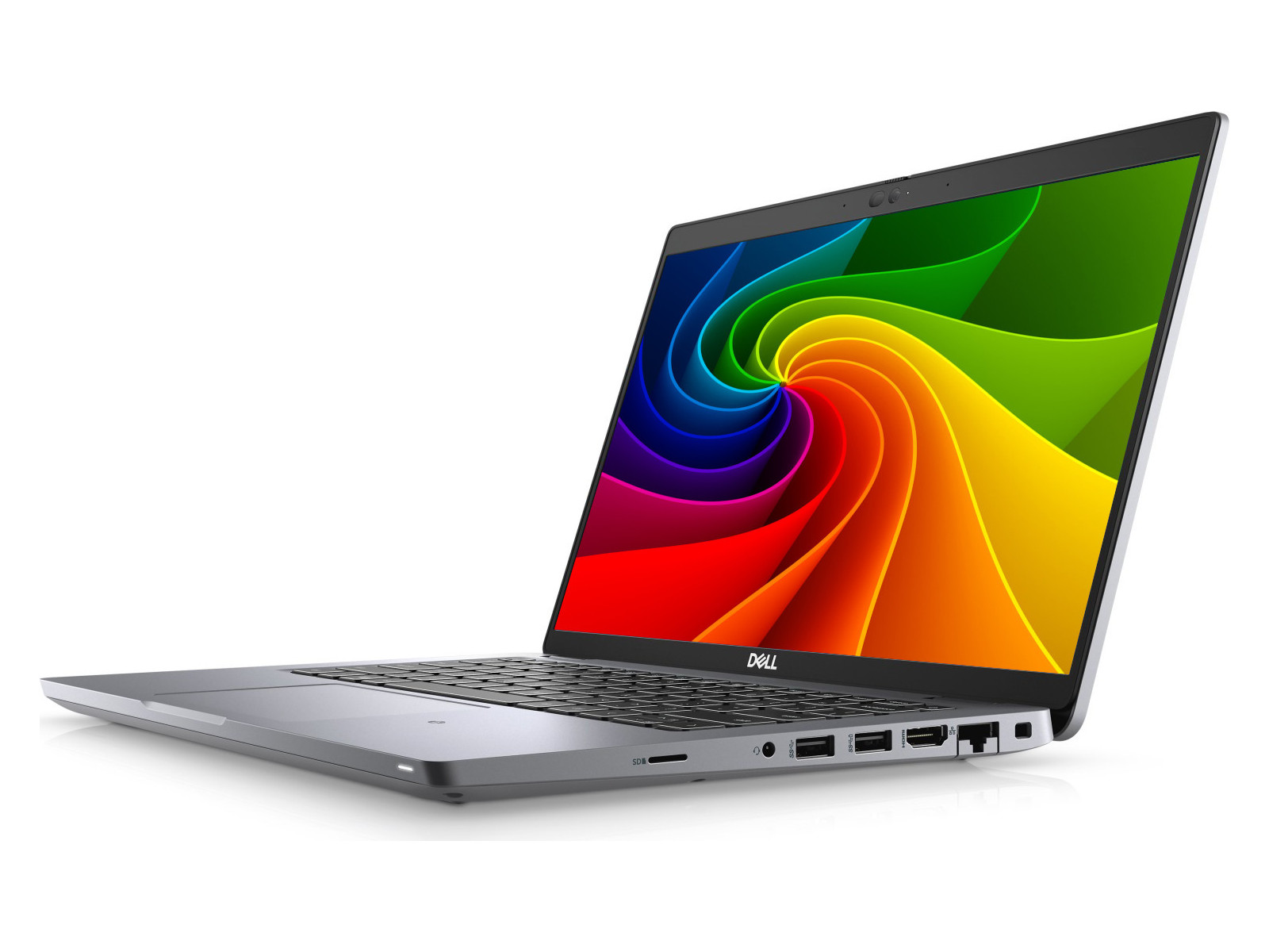 Ein silberner Dell-Laptop ist geöffnet und zeigt einen bunten Wirbel auf dem Bildschirm. Der Hintergrund ist weiß.