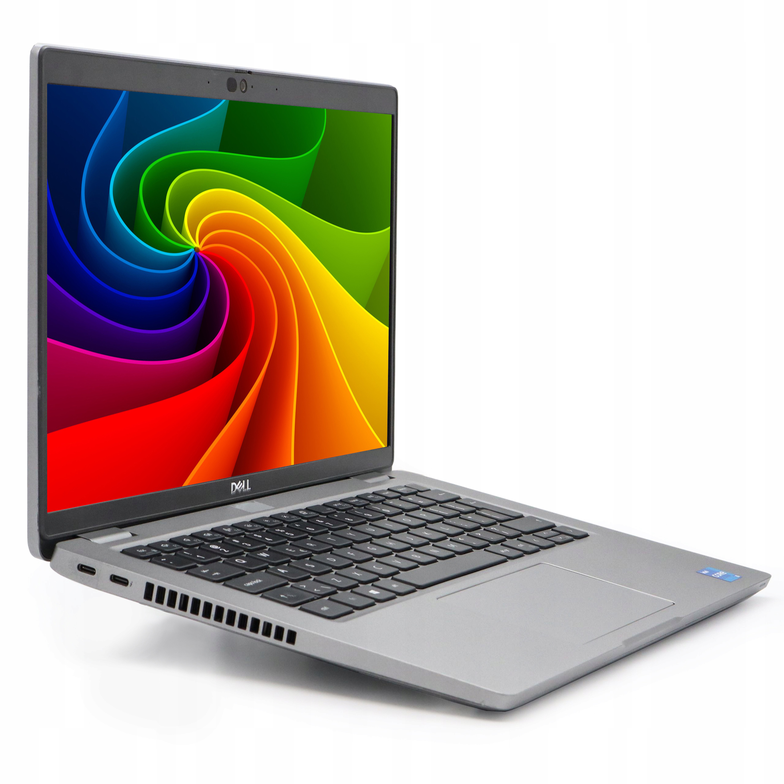 Silberner Laptop mit Tastatur und Bildschirm, der ein farbenfrohes, wirbelndes Muster auf weißem Hintergrund zeigt.