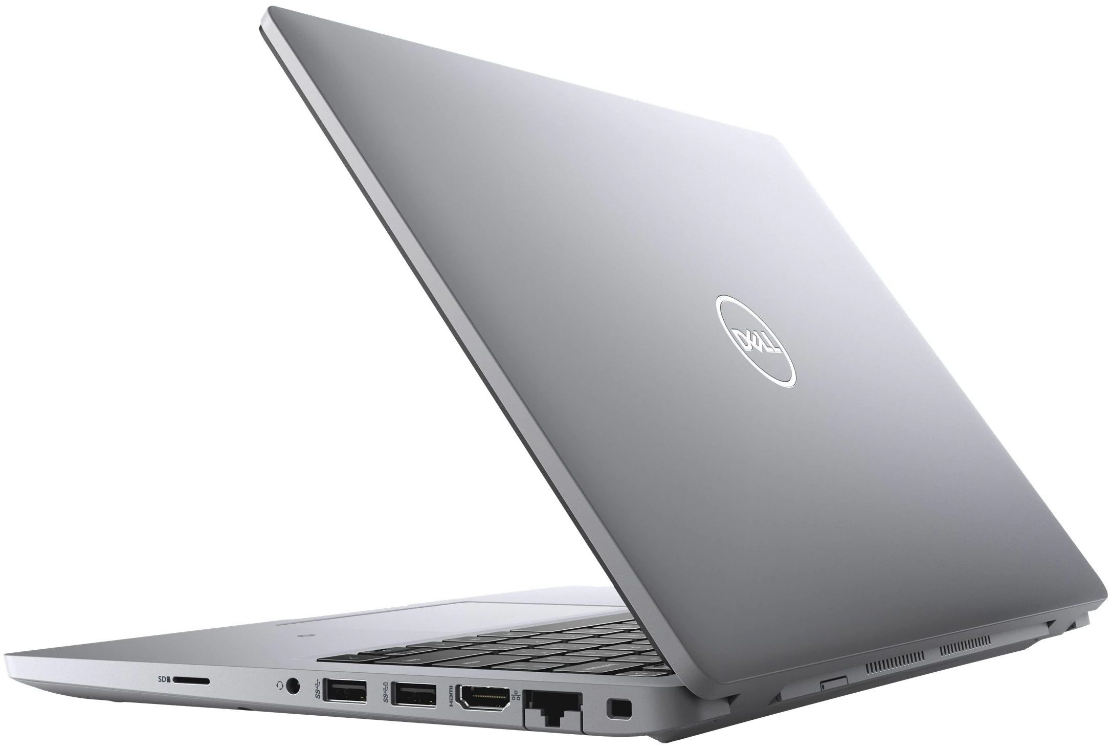Ein silberner Dell-Laptop ist geöffnet und zeigt Tastatur und Bildschirm. Das Dell-Logo ist auf dem Deckel sichtbar. Der Hintergrund ist weiß.