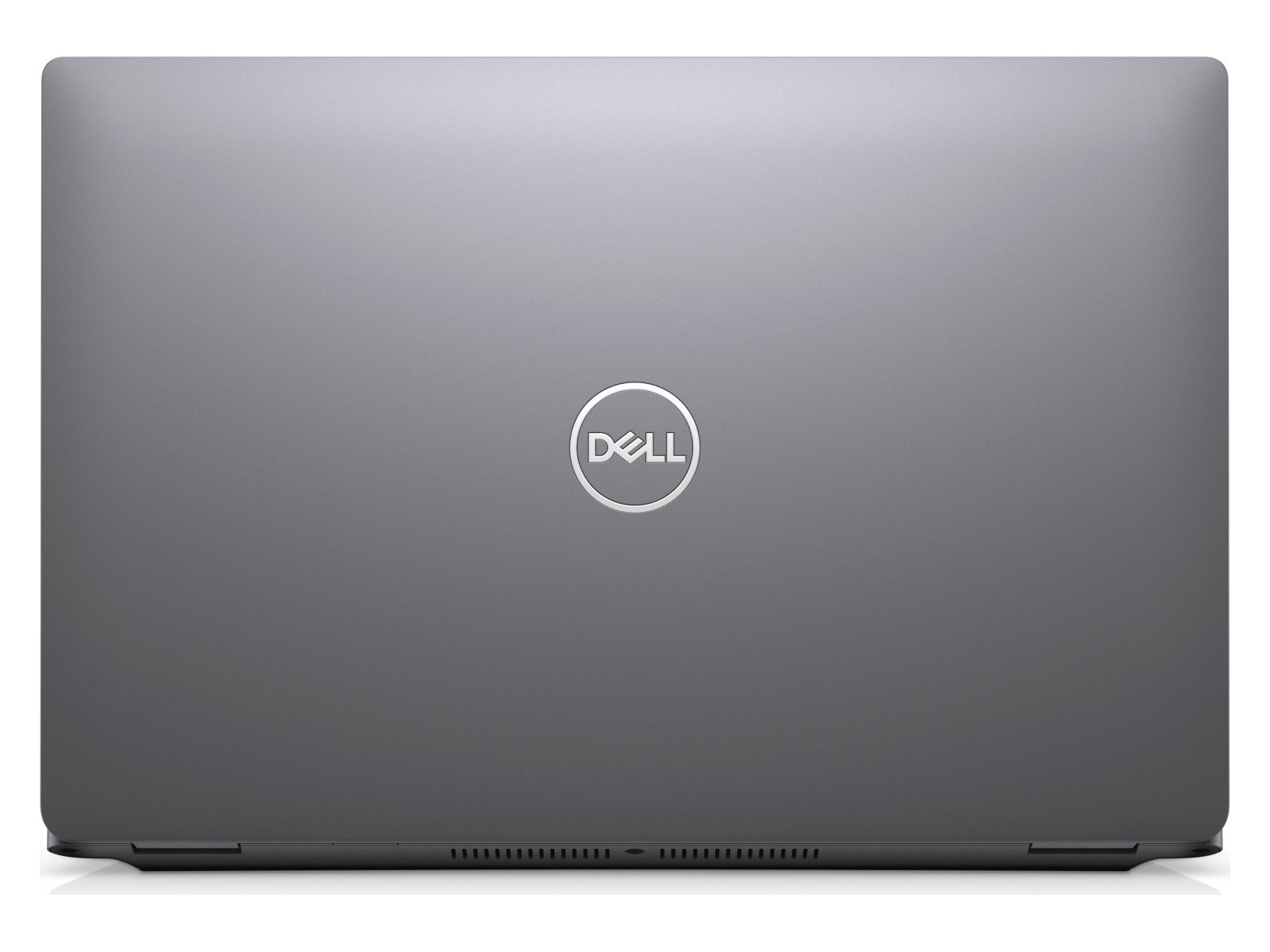 Ein geschlossener grauer Dell-Laptop mit dem Dell-Logo in der Mitte. Der Laptop steht auf weißem Hintergrund. Die Unterkante hat Lüftungsschlitze.