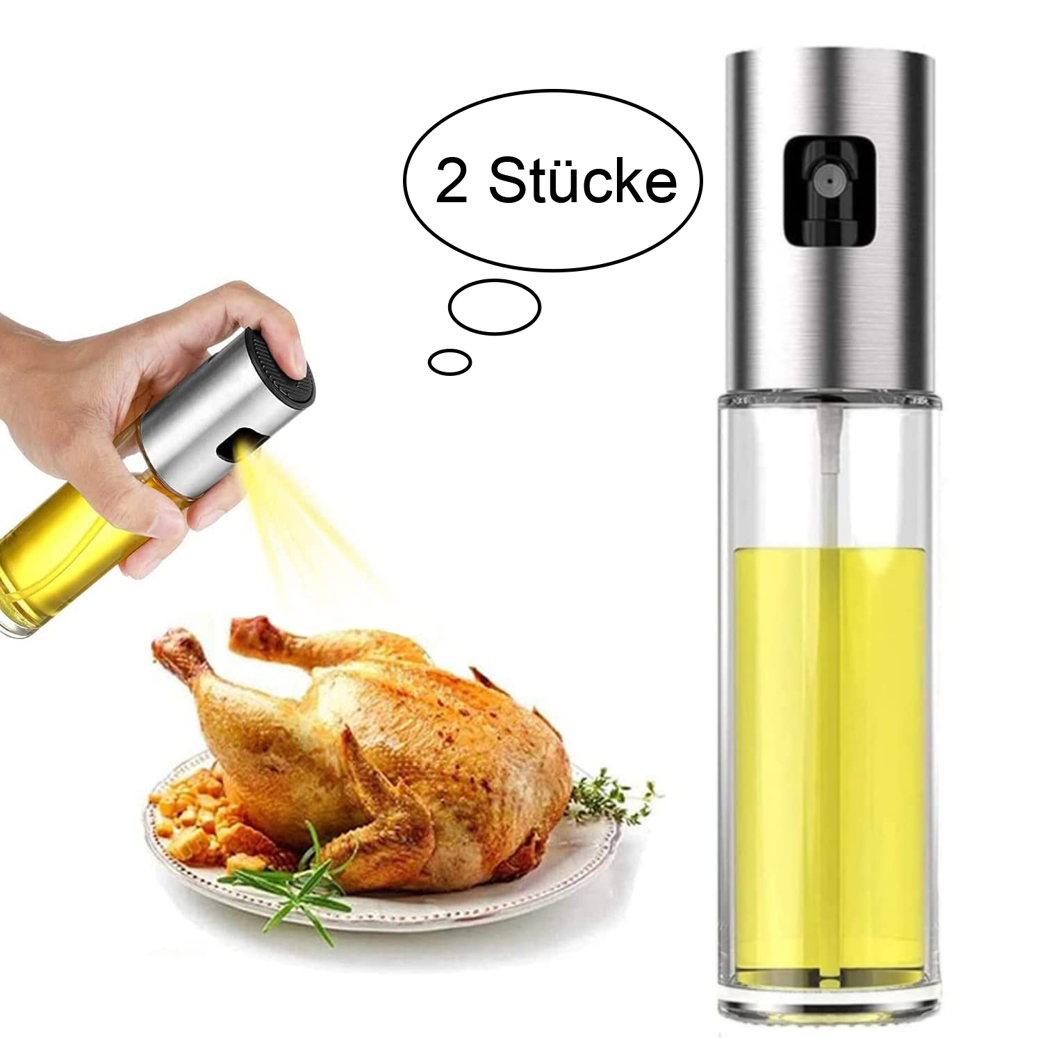 Eine Hand sprüht Öl auf ein Brathähnchen. Eine Ölflasche und eine Sprechblase mit dem Text 2 Stück sind ebenfalls vorhanden.