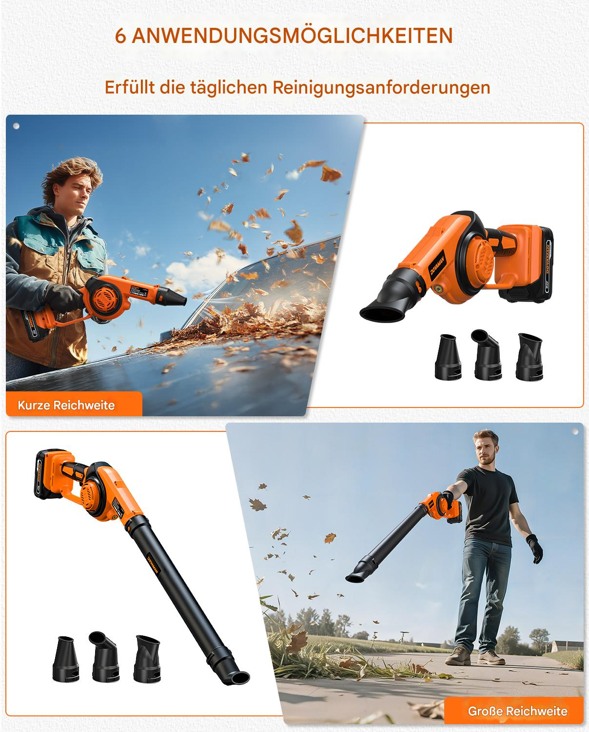 Ein Mann benutzt ein orangefarbenes Laubgebläse. Andere Bilder zeigen das Gebläse und Zubehör. Text auf Deutsch: 6 Anwendungsmöglichkeiten.