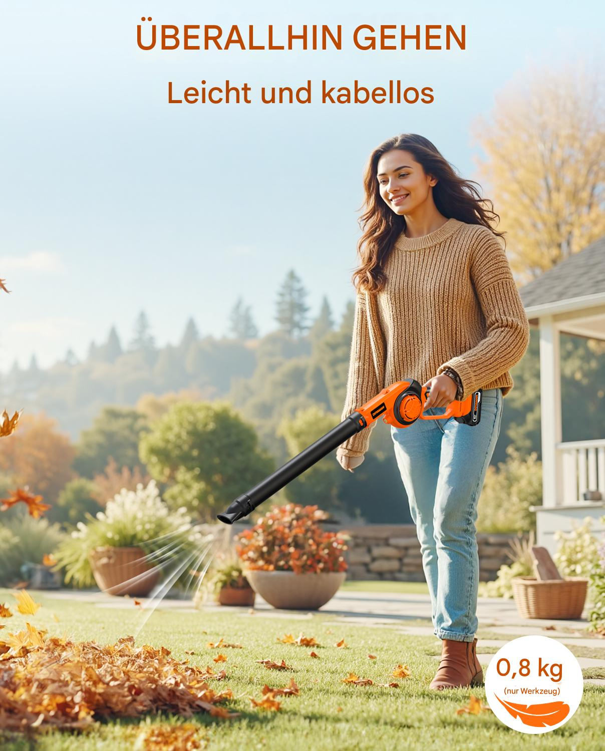 Frau benutzt einen Laubbläser im Freien. Blätter und Pflanzen sind im Hintergrund. Der Text lautet 'ÜBERALLHIN GEHEN, Leicht und kabellos'.