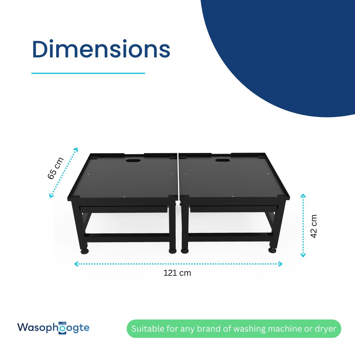 Twee zwarte tafels met afmetingen. De tafels zijn geschikt voor wasmachines of drogers.