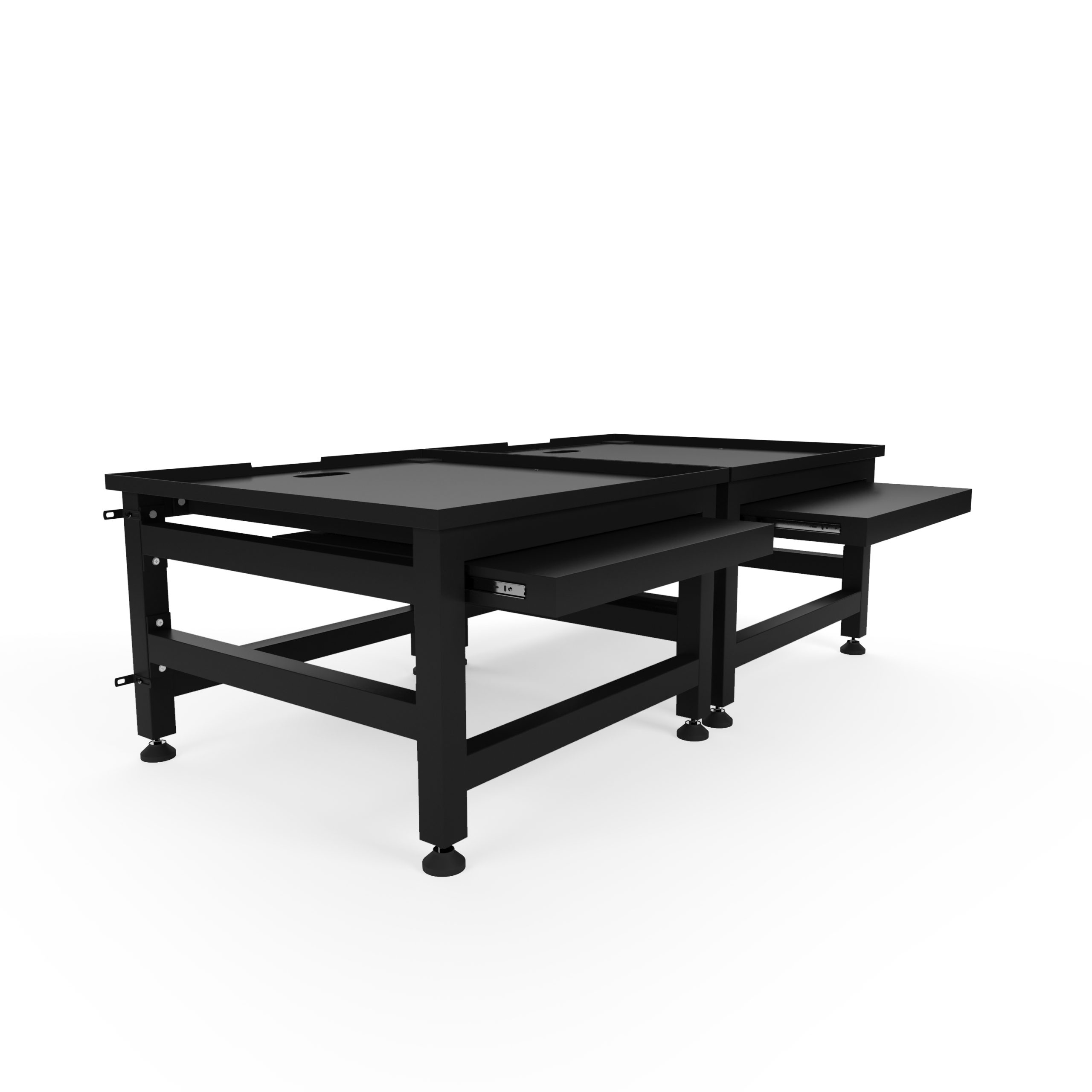 Zwarte metalen labtafel met een lade, op een witte achtergrond. Het heeft verstelbare poten en een platform.