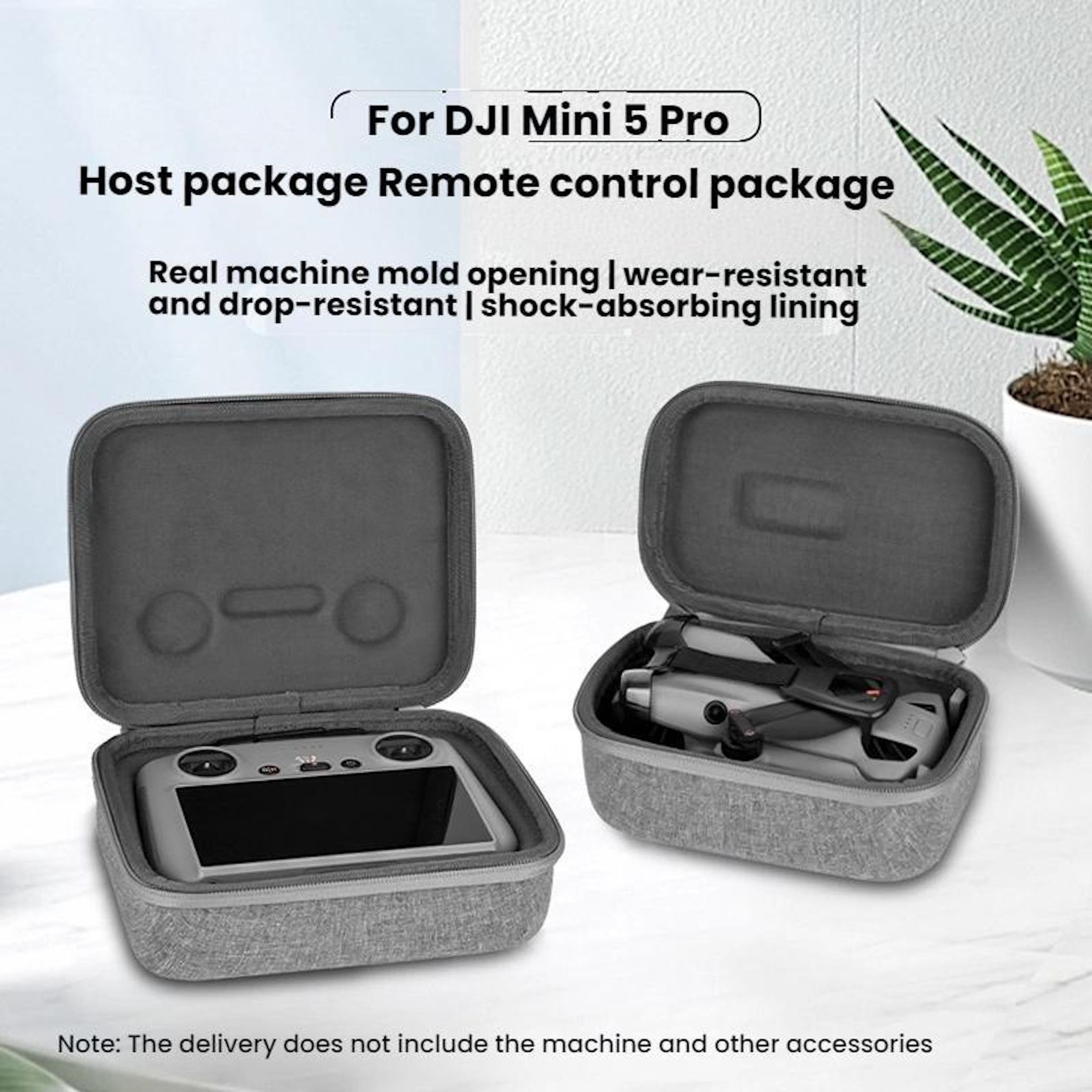 Zwei graue Koffer, einer offen mit Controller, der andere mit Drohne. Text: 'DJI Mini 5 Pro'.