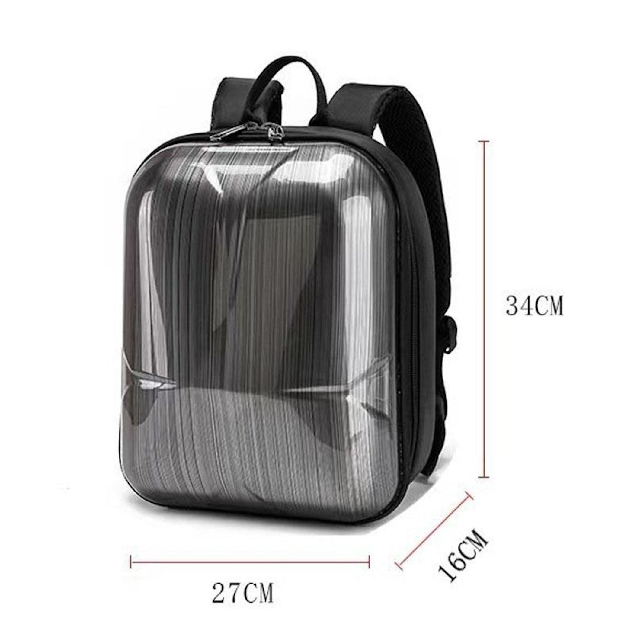 Schwarzer und grauer Rucksack. Abmessungen sind 27x16x34cm. Er hat eine glänzende, gestreifte Front. Schwarze Gurte und Griff sind sichtbar.
