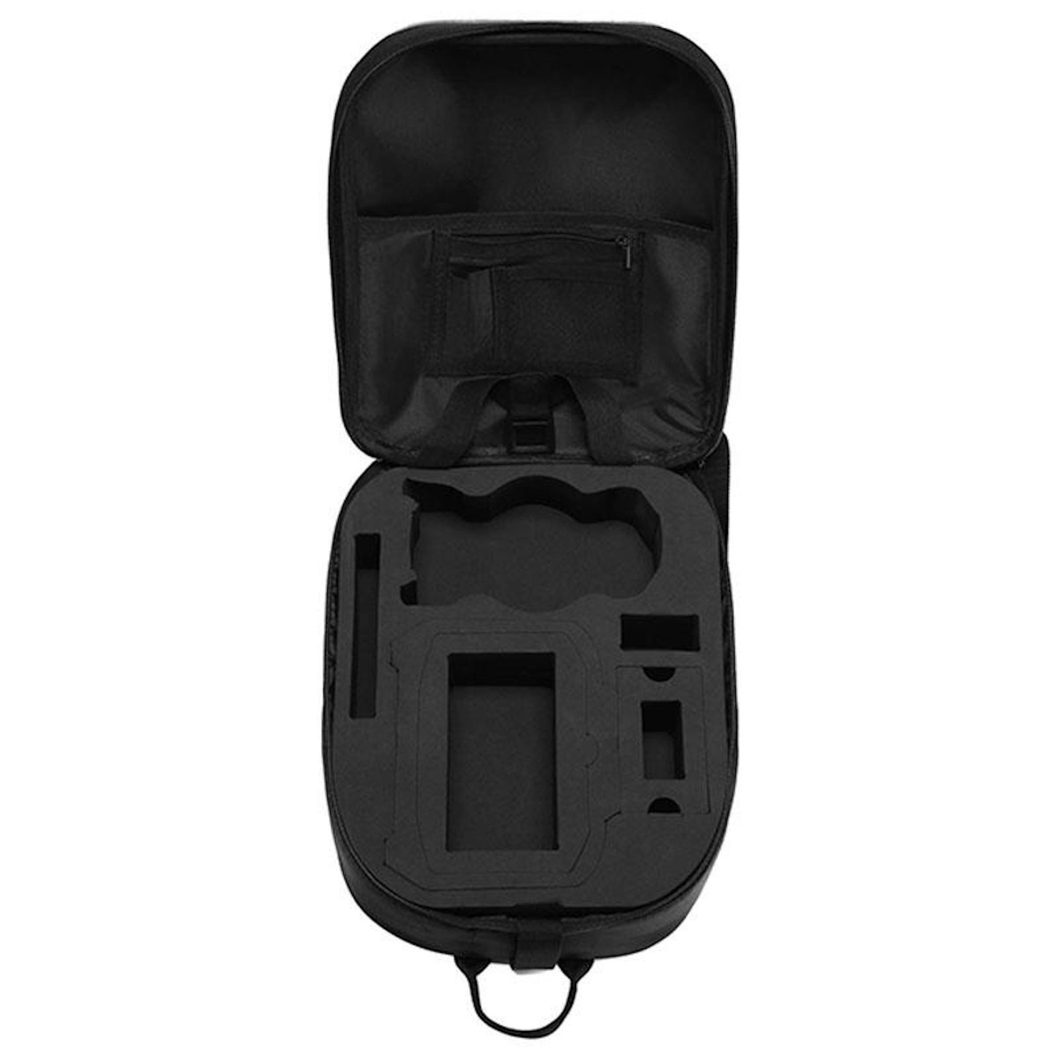 Schwarze, offene Tragetasche mit Schaumstoffeinlagen. Die Tasche hat einen Griff und Taschen. Der Schaumstoff ist für Elektronik geformt.