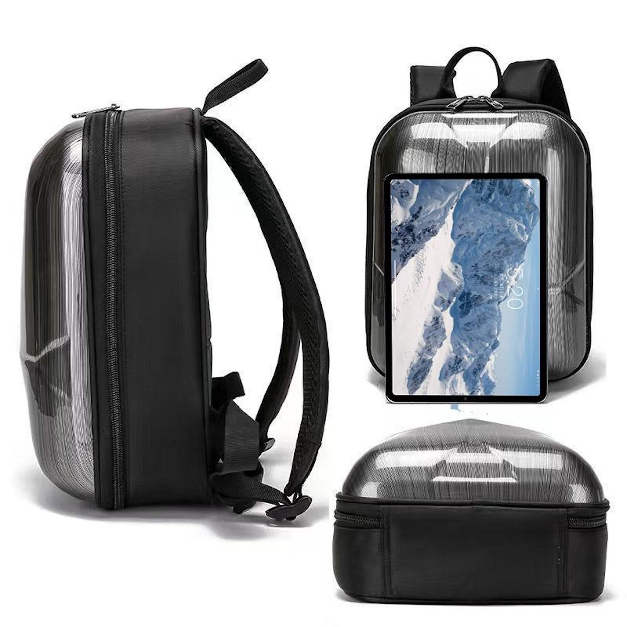 Schwarzer Rucksack mit klarer, gerippter Vorderseite. Enthält ein Tablet mit Bergen. Kleinere Tasche unten.