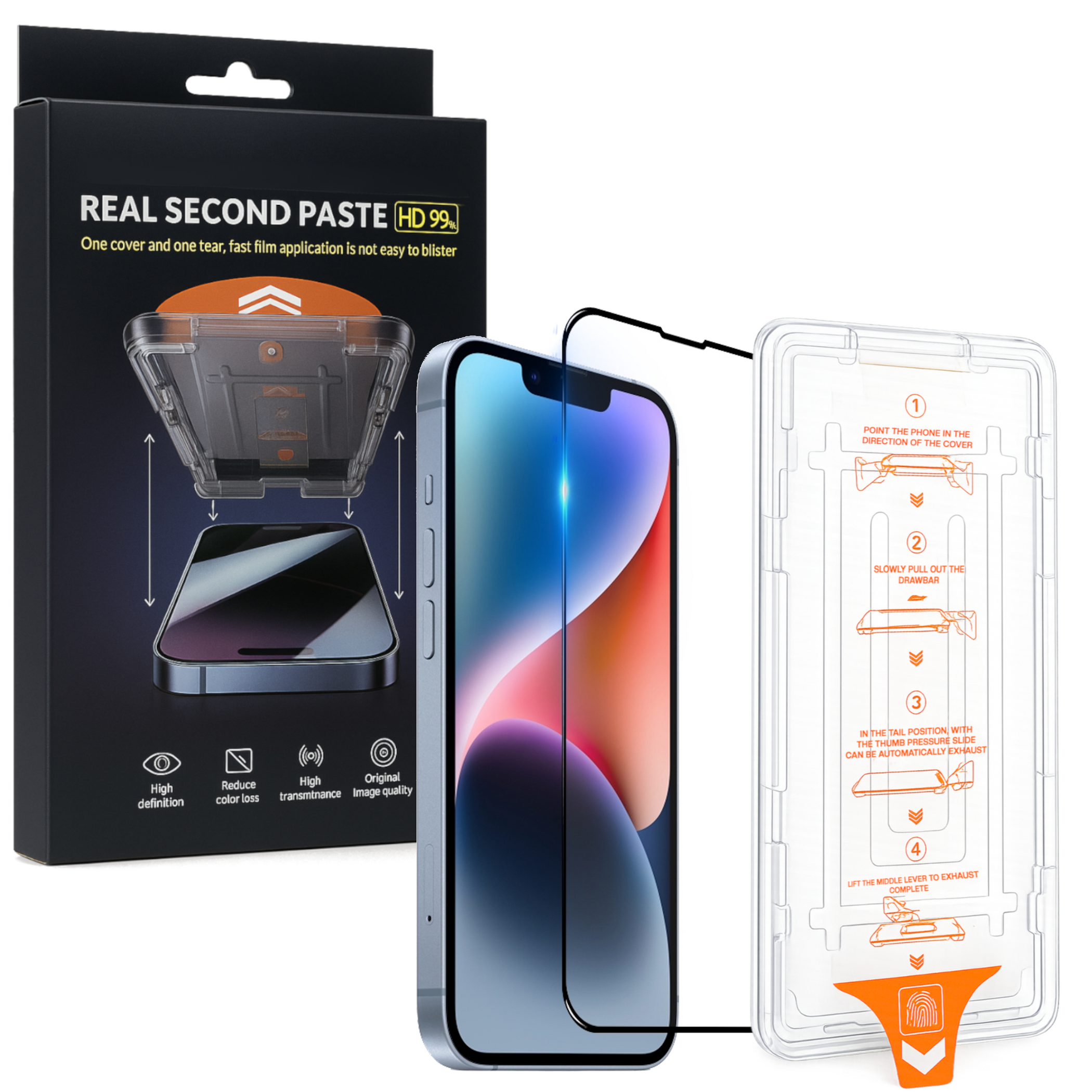 Ein Displayschutz-Kit für Telefone. Es enthält ein Telefon, einen Displayschutz und Anweisungen. Auf der Box steht 'Real Second Paste'.