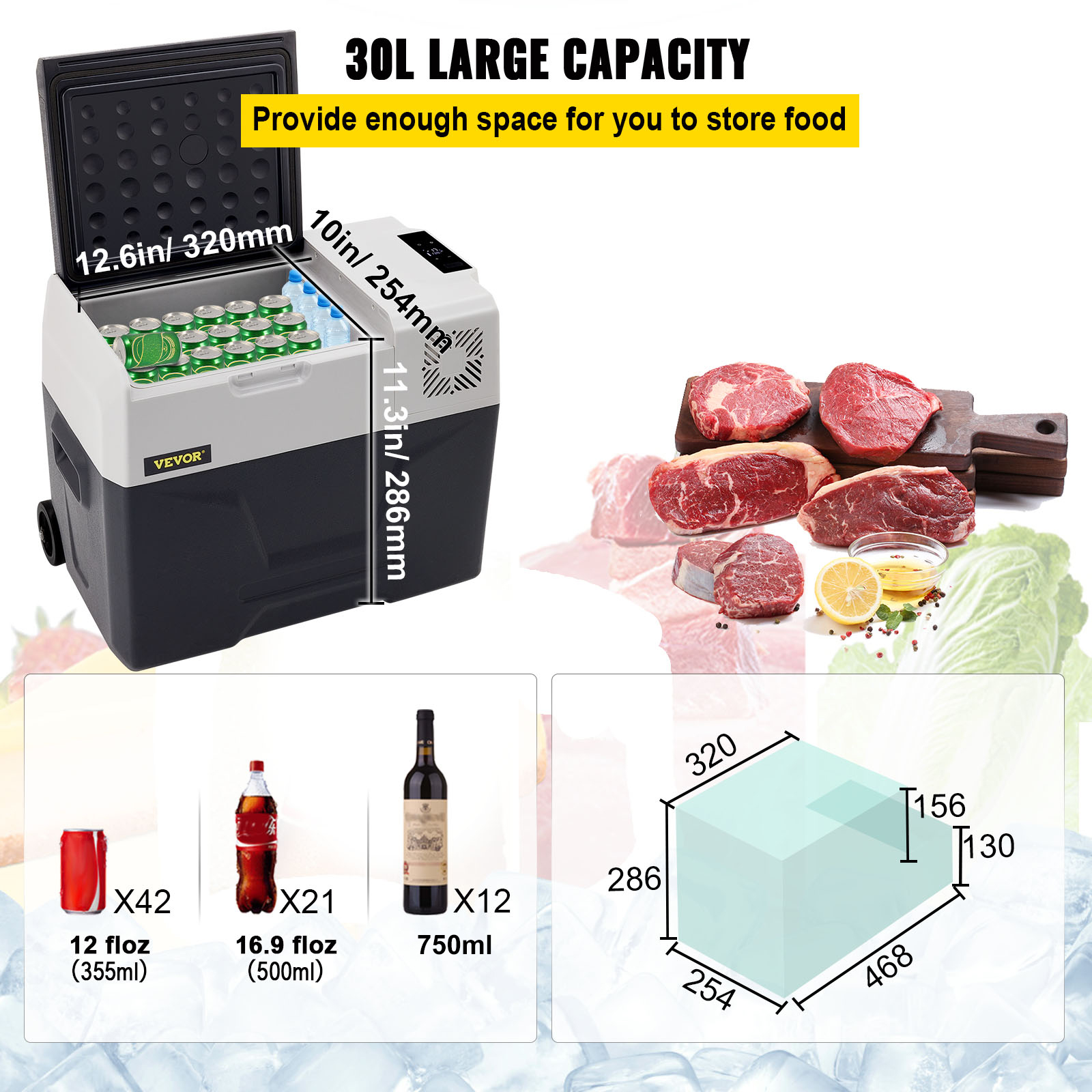 Eine Kühlbox mit Getränken, Fleisch und einem Maßdiagramm. Text sagt 30L Kapazität. Enthält Dosen, Flaschen und eine Weinflasche.
