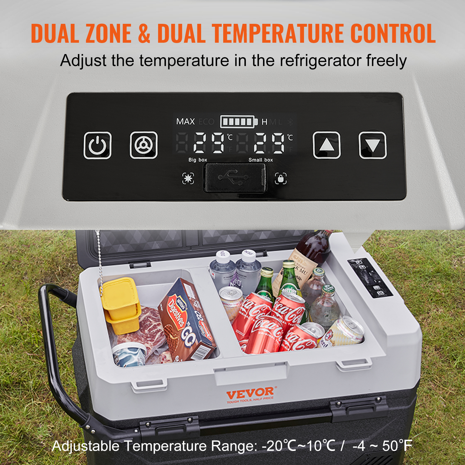 Ein Kühler mit dualer Temperaturregelung. Er enthält Speisen und Getränke. Die Temperaturanzeige zeigt 29 Grad.