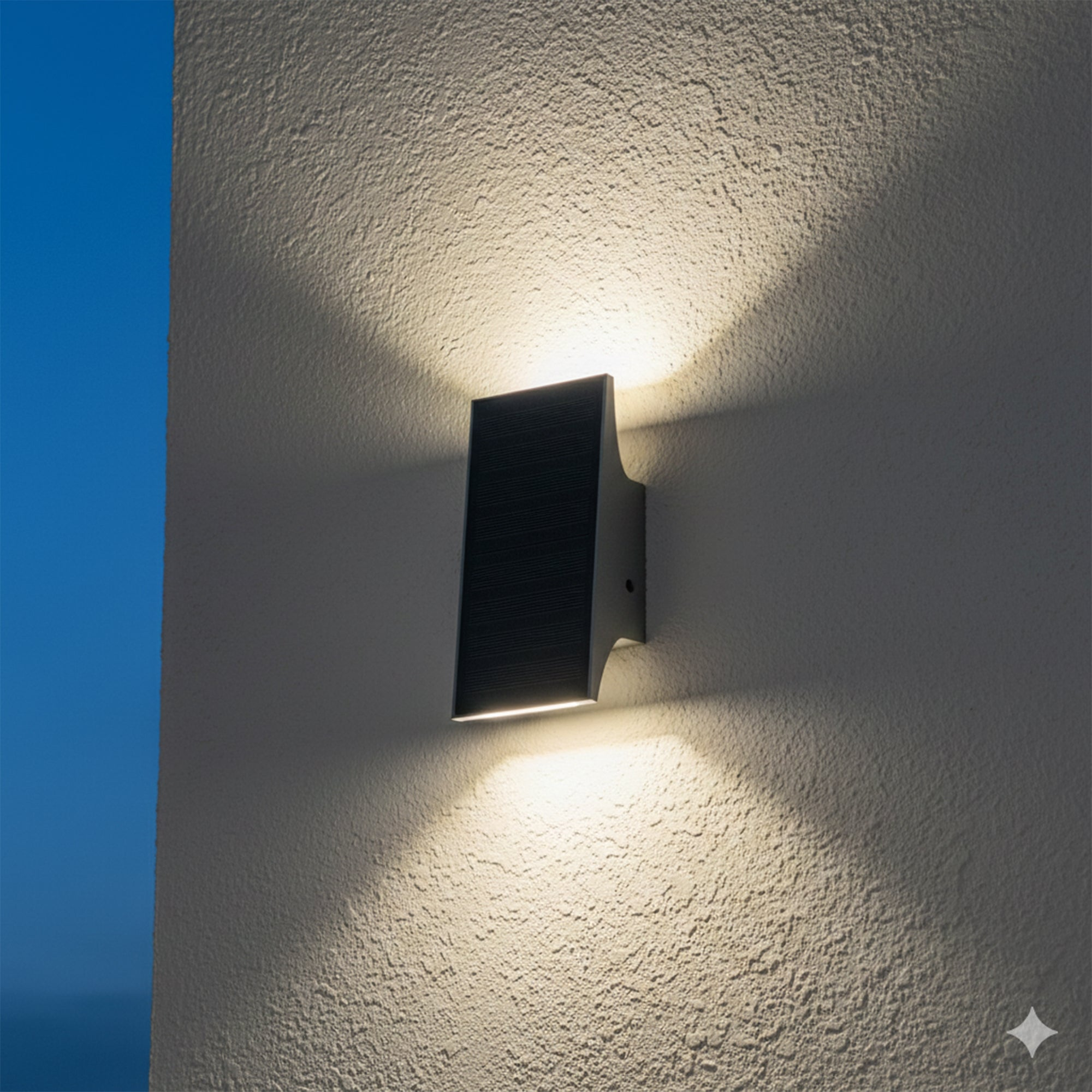 Eine moderne schwarze Wandleuchte an einer strukturierten, cremefarbenen Wand. Die Lampe strahlt nach oben und unten helles Licht aus.
