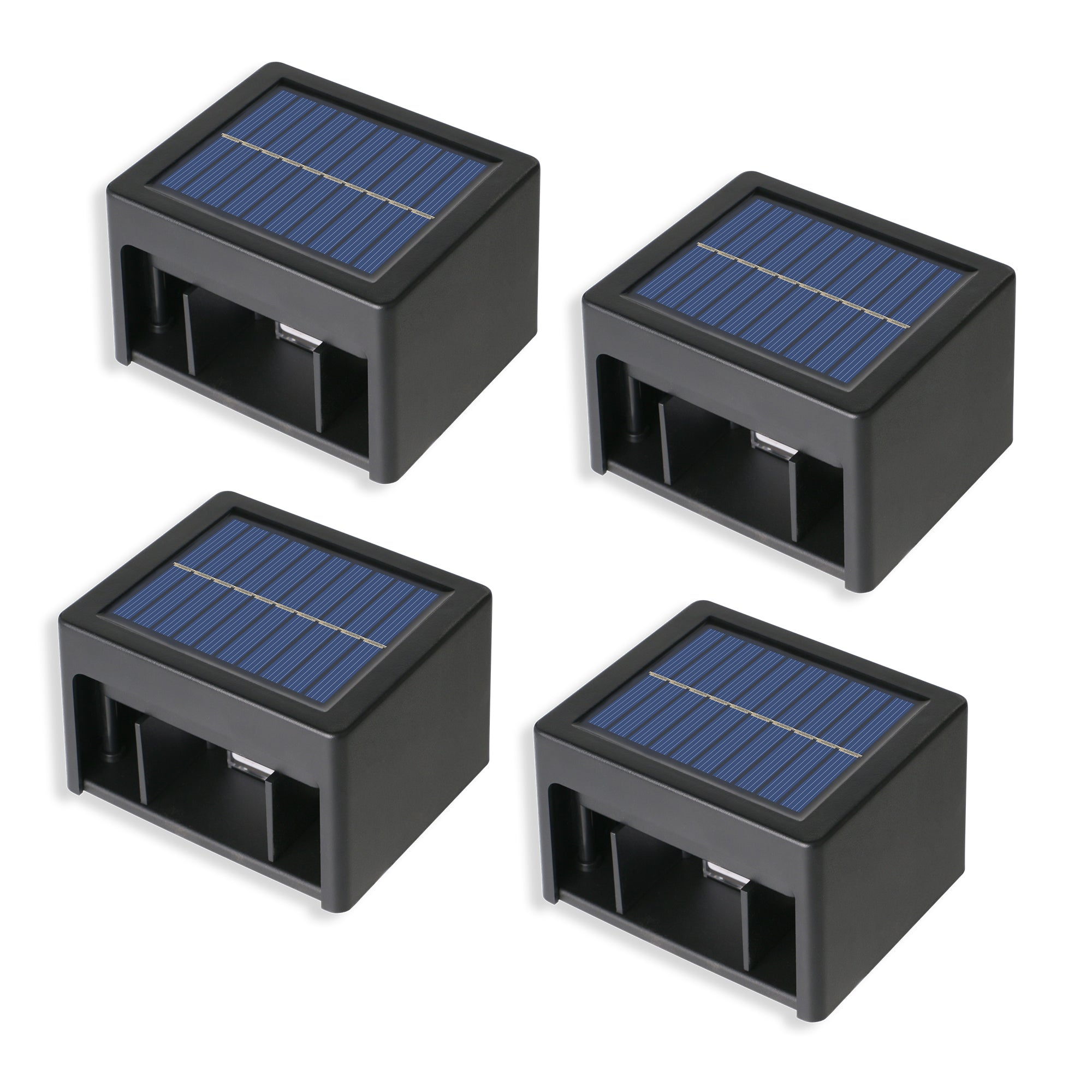 Vier schwarze Solarleuchten mit blauen Solarpanels auf weißem Hintergrund, von oben gesehen.