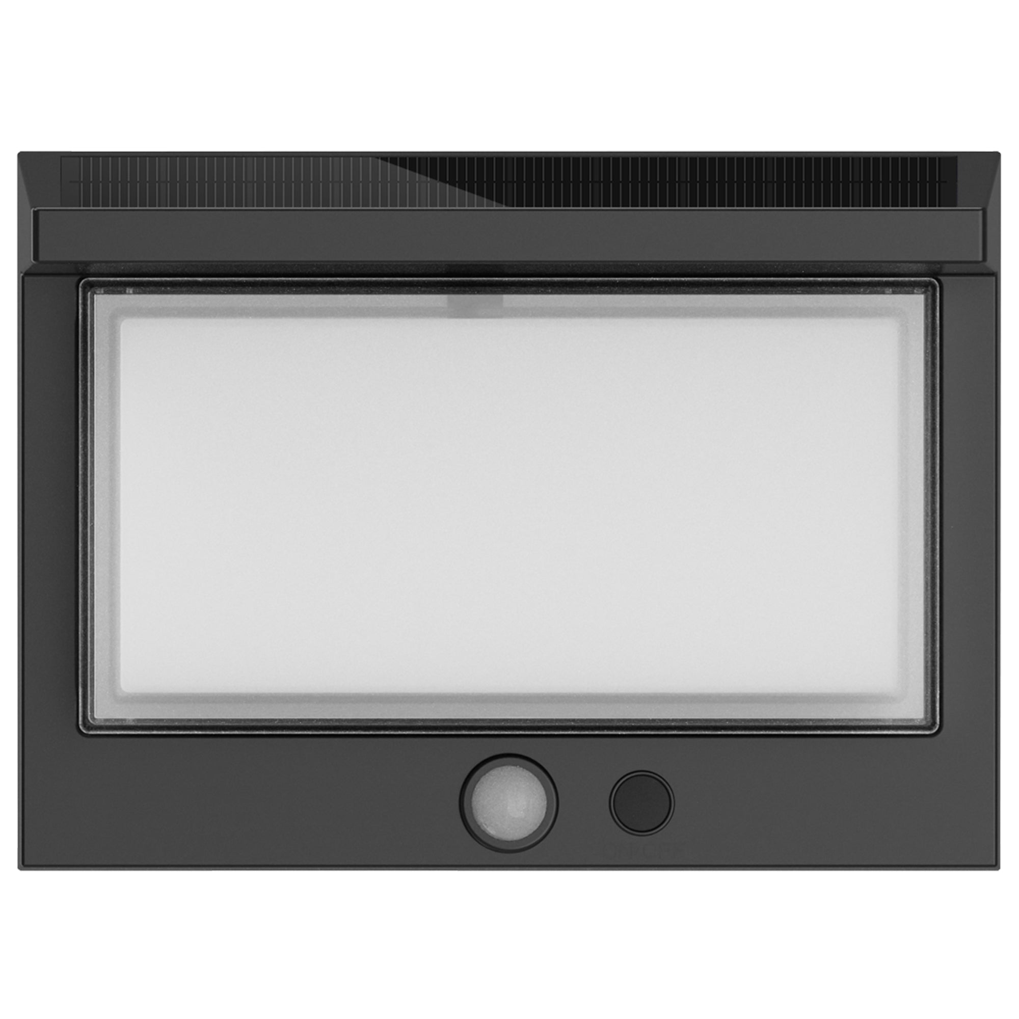 Eine rechteckige, schwarze LED-Leuchte. Sie hat eine weiße, matte Lichtfläche und zwei Knöpfe.
