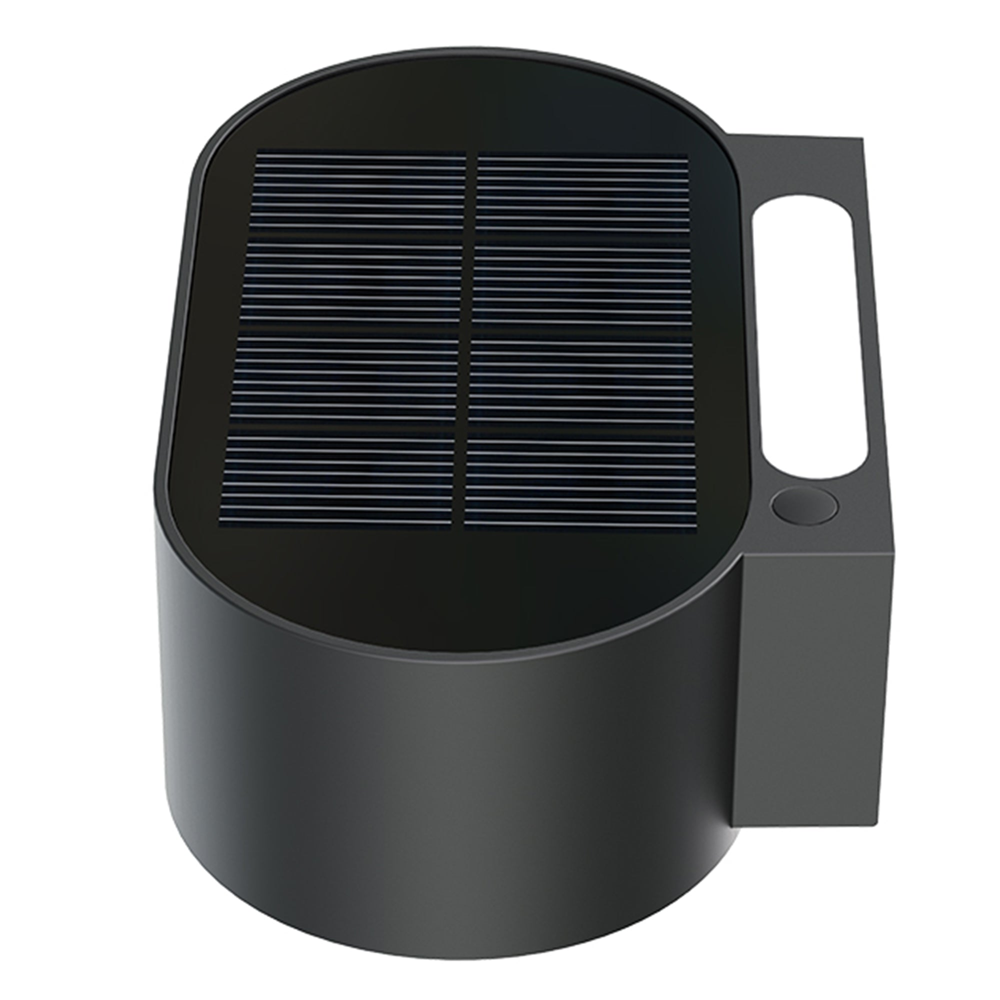 Eine dunkelgraue solarbetriebene Leuchte. Sie hat einen runden Körper, einen Griff und ein schwarzes Solarpanel. An der Seite befindet sich eine Taste.
