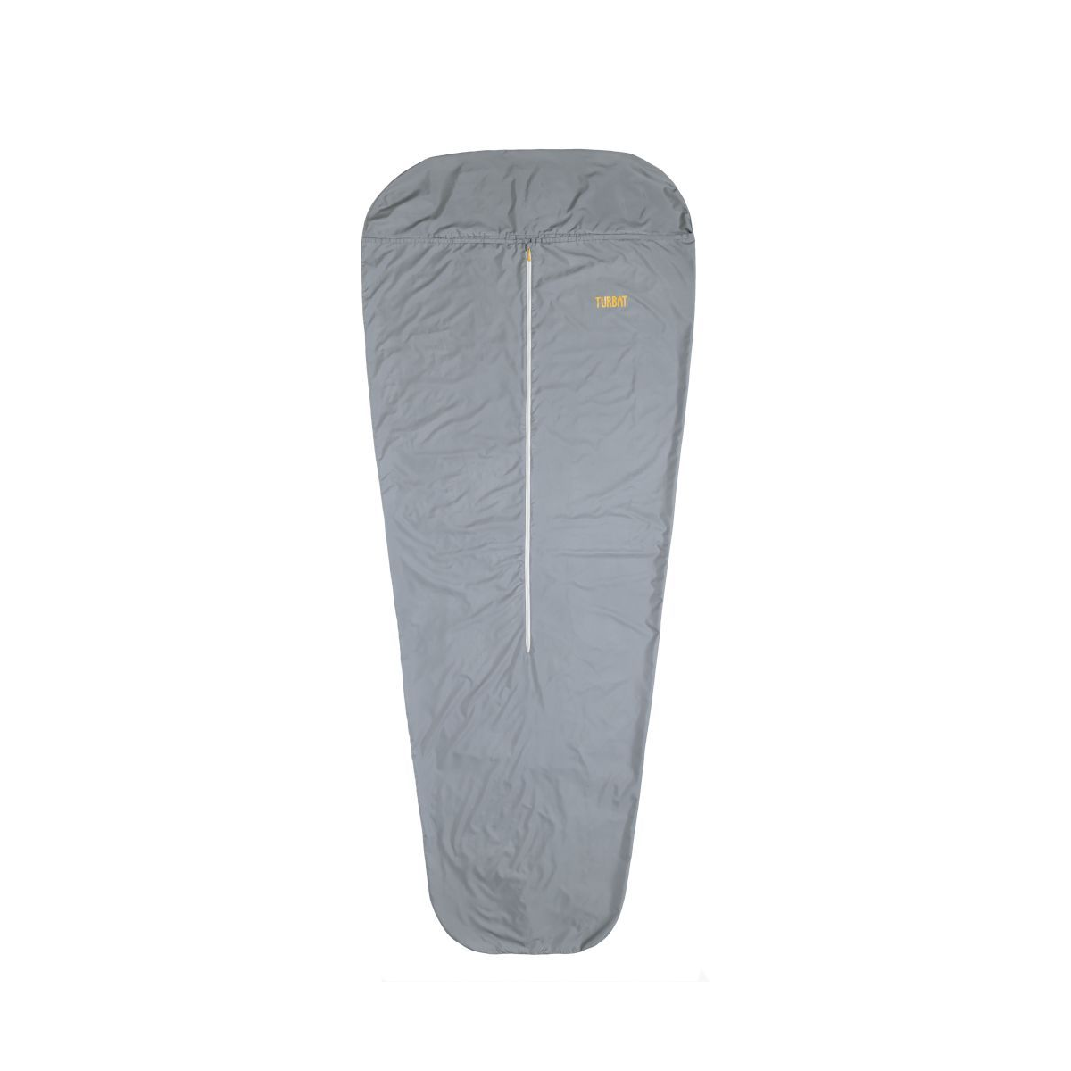 Ein grauer Schlafsack mit einem weißen Reißverschluss in der Mitte. Das Wort 'TURBAY' ist oben rechts aufgedruckt.