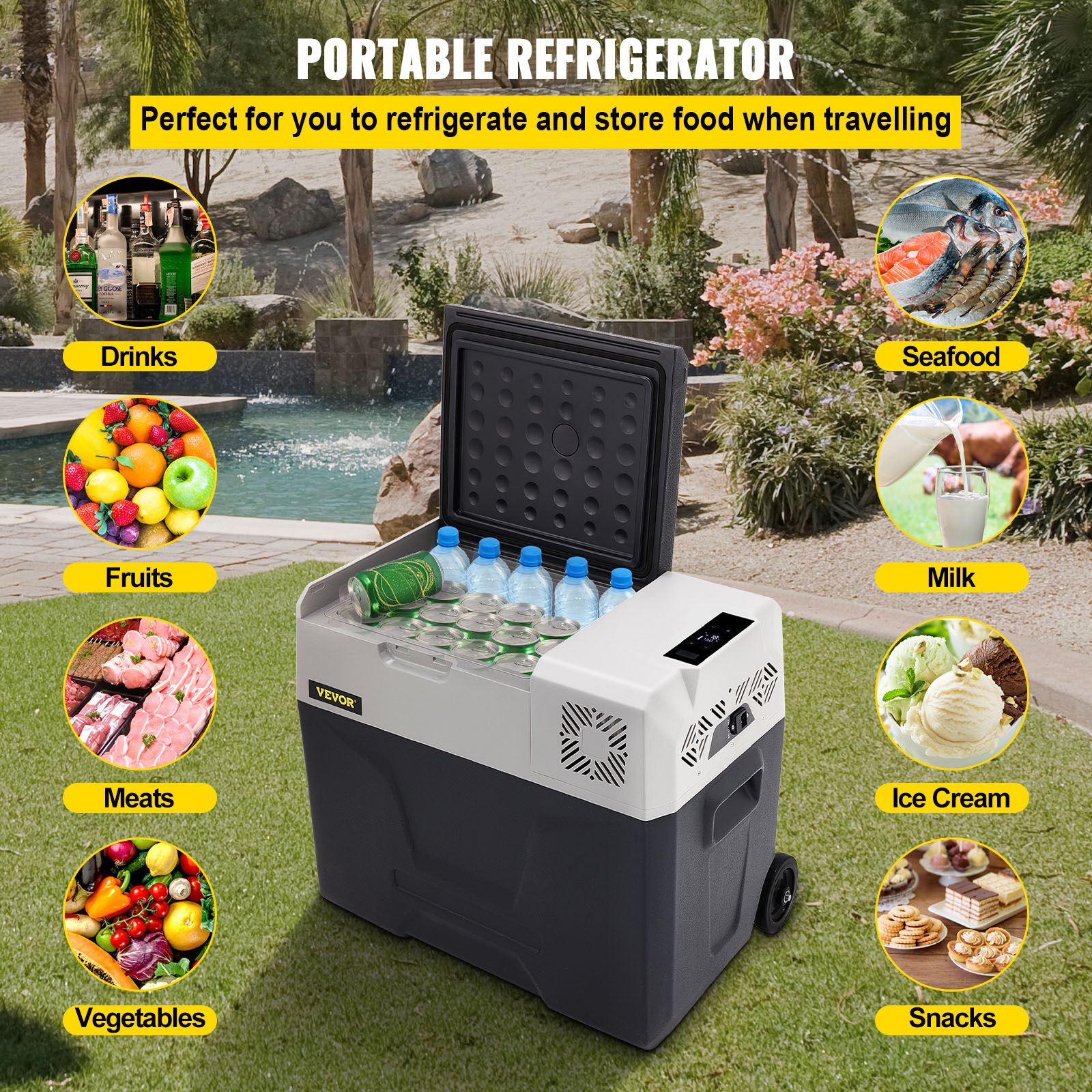 Refrigerador portátil con tapa abierta, bebidas, frutas, carnes, verduras, mariscos, leche, helado y bocadillos.