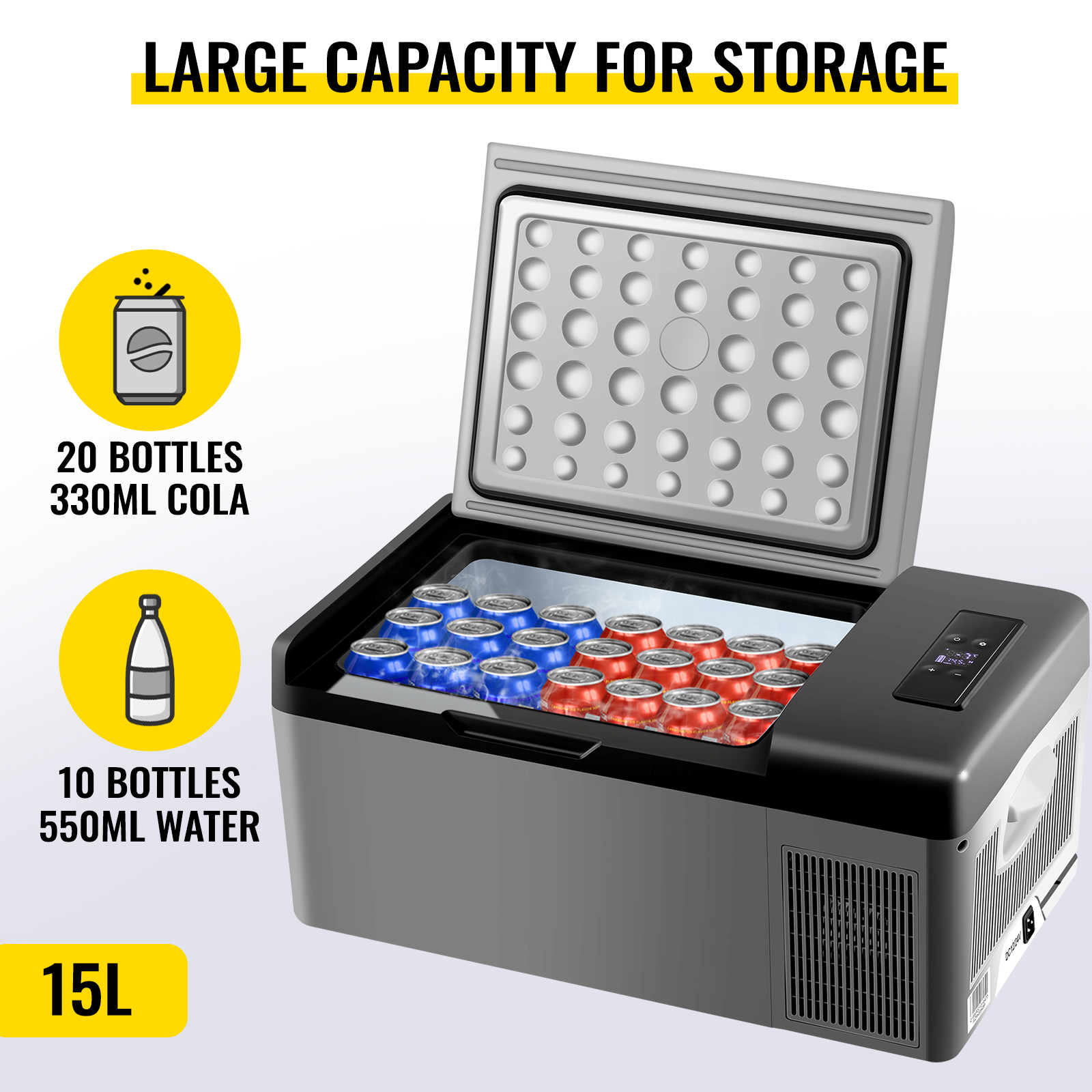 Eine tragbare Kühlbox mit offenem Deckel, gefüllt mit Cola- und Wasserbüchsen. Text besagt, dass sie eine große Speicherkapazität hat.