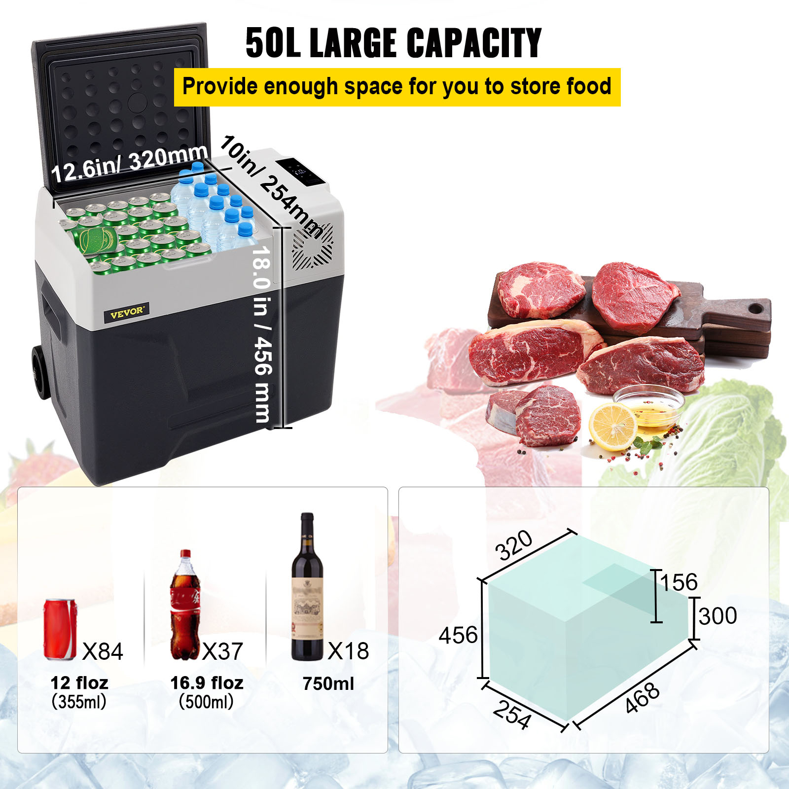 Una nevera con bebidas, carne y dimensiones. El texto indica capacidad de 50L.