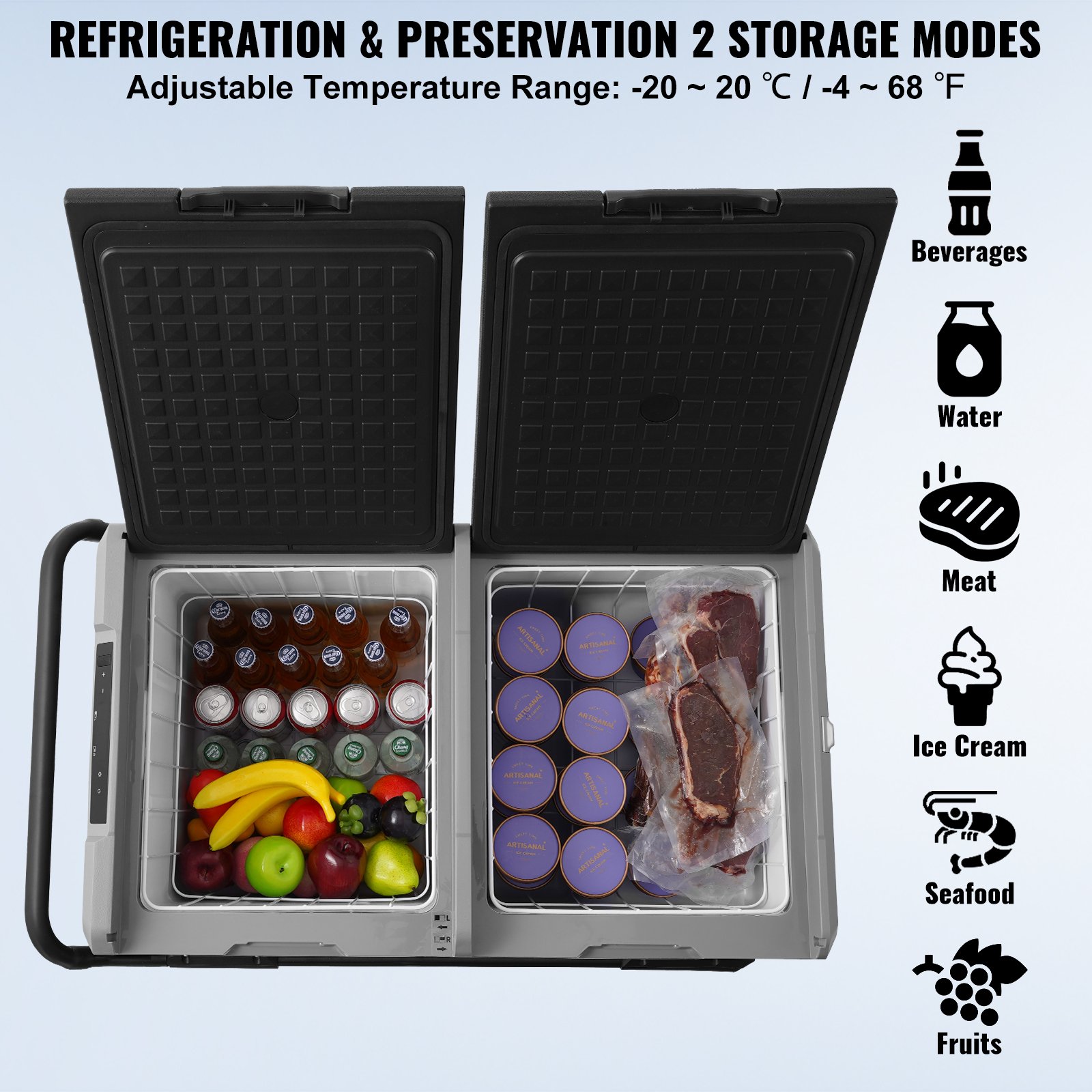 Kühlschrank mit zwei Fächern. Enthält Getränke, Obst, Eiscreme, Fleisch und handwerkliches Eis.