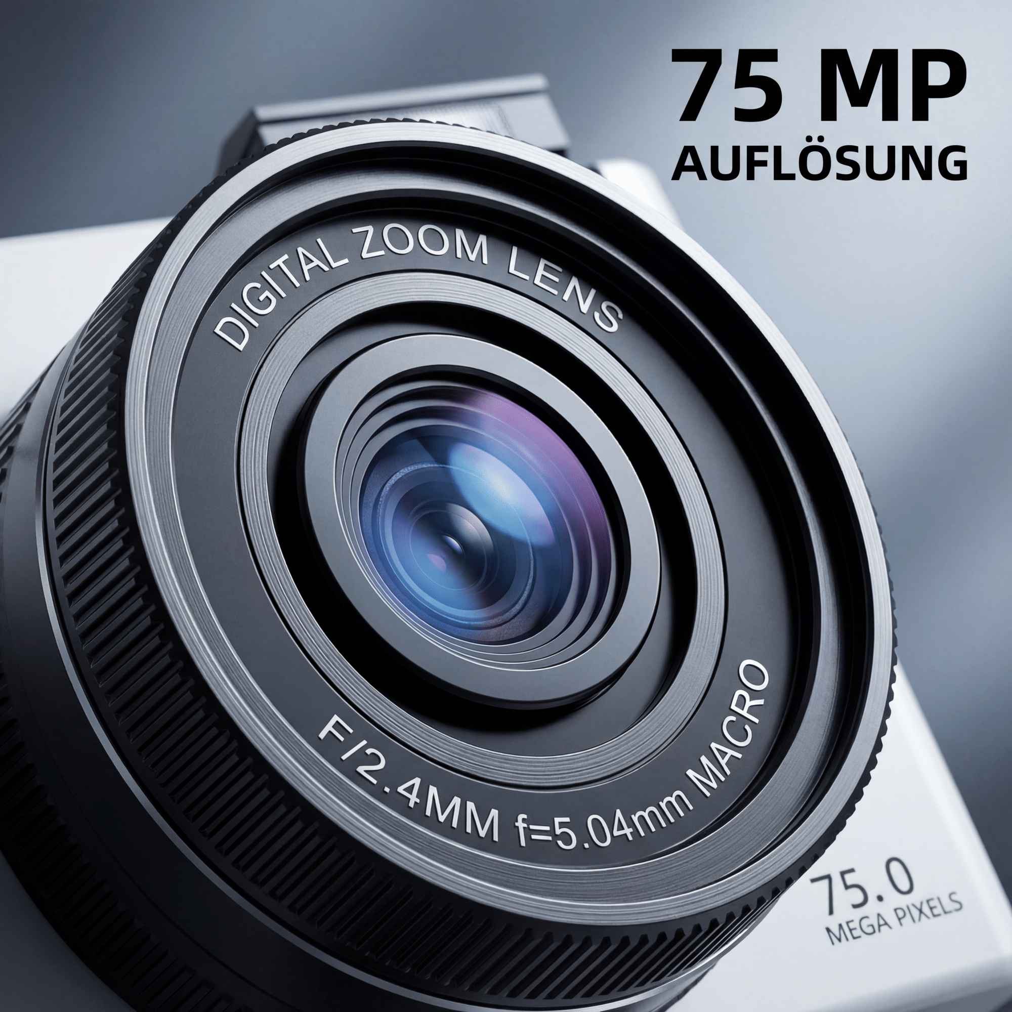 Nahaufnahme eines Kameraobjektivs mit Text '75 MP' und 'Digital Zoom Lens'. Objektivdetails und '75,0 Megapixel'.
