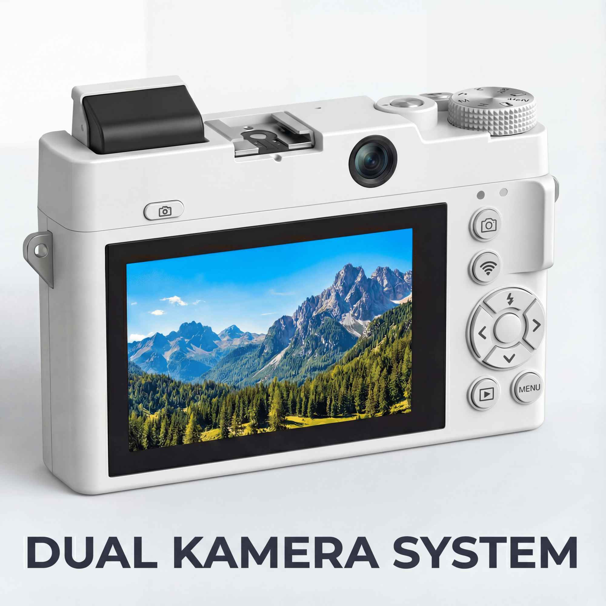 Eine weiße Kamera zeigt eine Berglandschaft. Die Worte 'DUAL KAMERA SYSTEM' stehen unter der Kamera.
