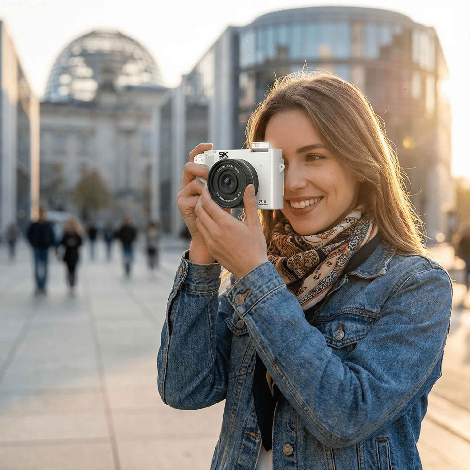 Eine lächelnde Frau hält eine weiße Kamera. Sie trägt eine Jeansjacke und einen Schal. Verschwommener Hintergrund.