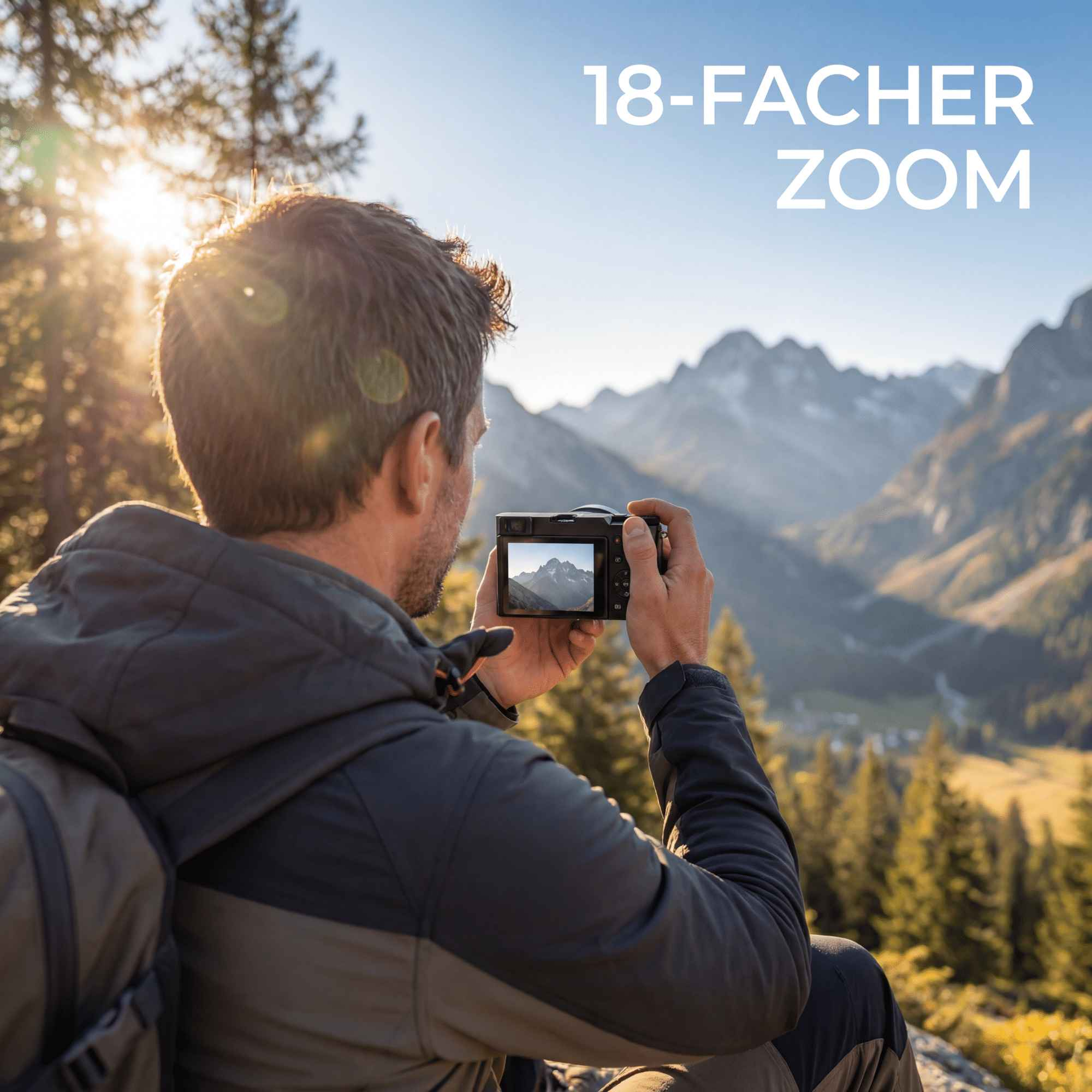 Mann, der mit einer Kamera Fotos von Bergen macht. Der Hintergrund zeigt eine sonnige, natürliche Landschaft.