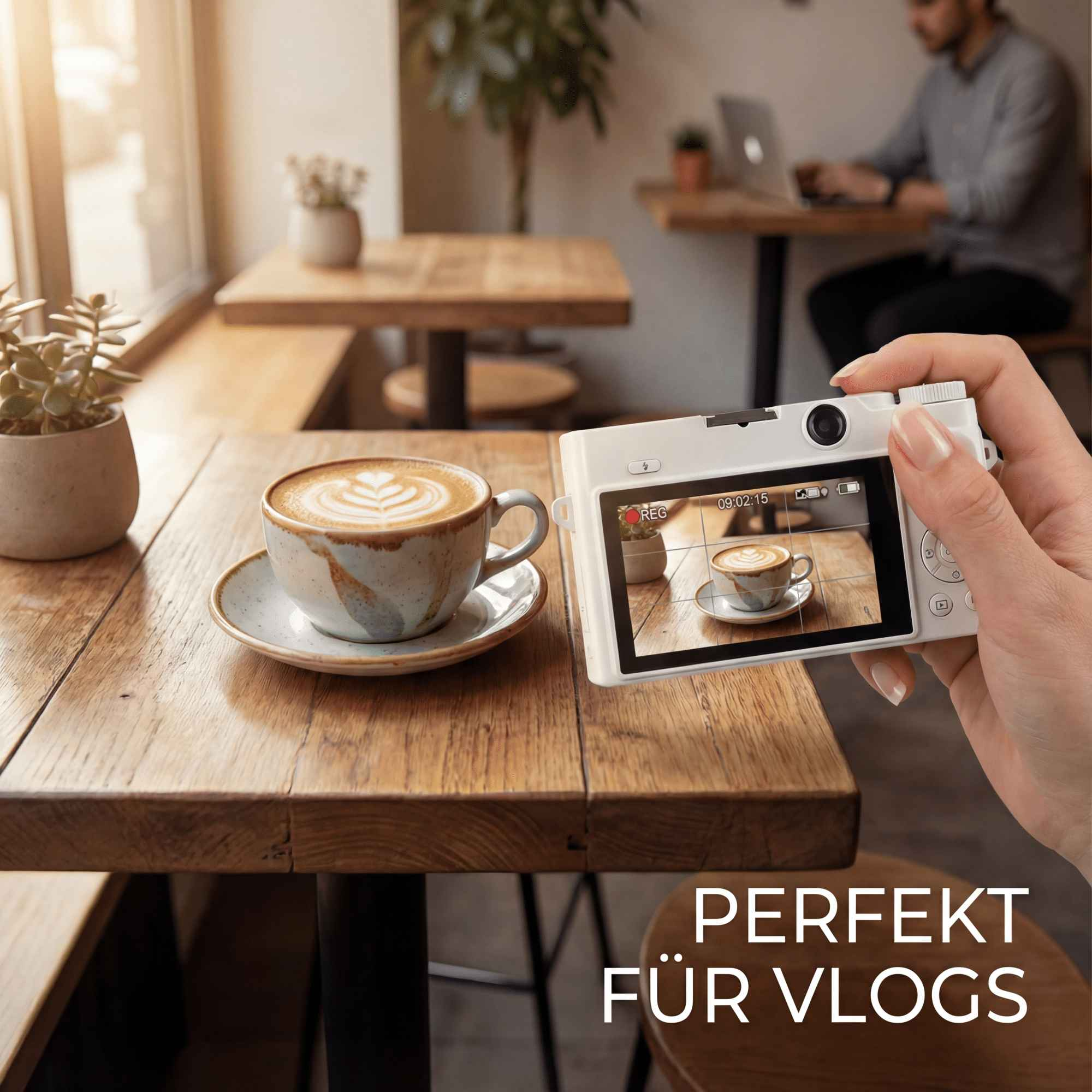 Eine Hand hält eine Kamera und filmt einen Cappuccino in einem Café. Eine weitere Person ist im Hintergrund.