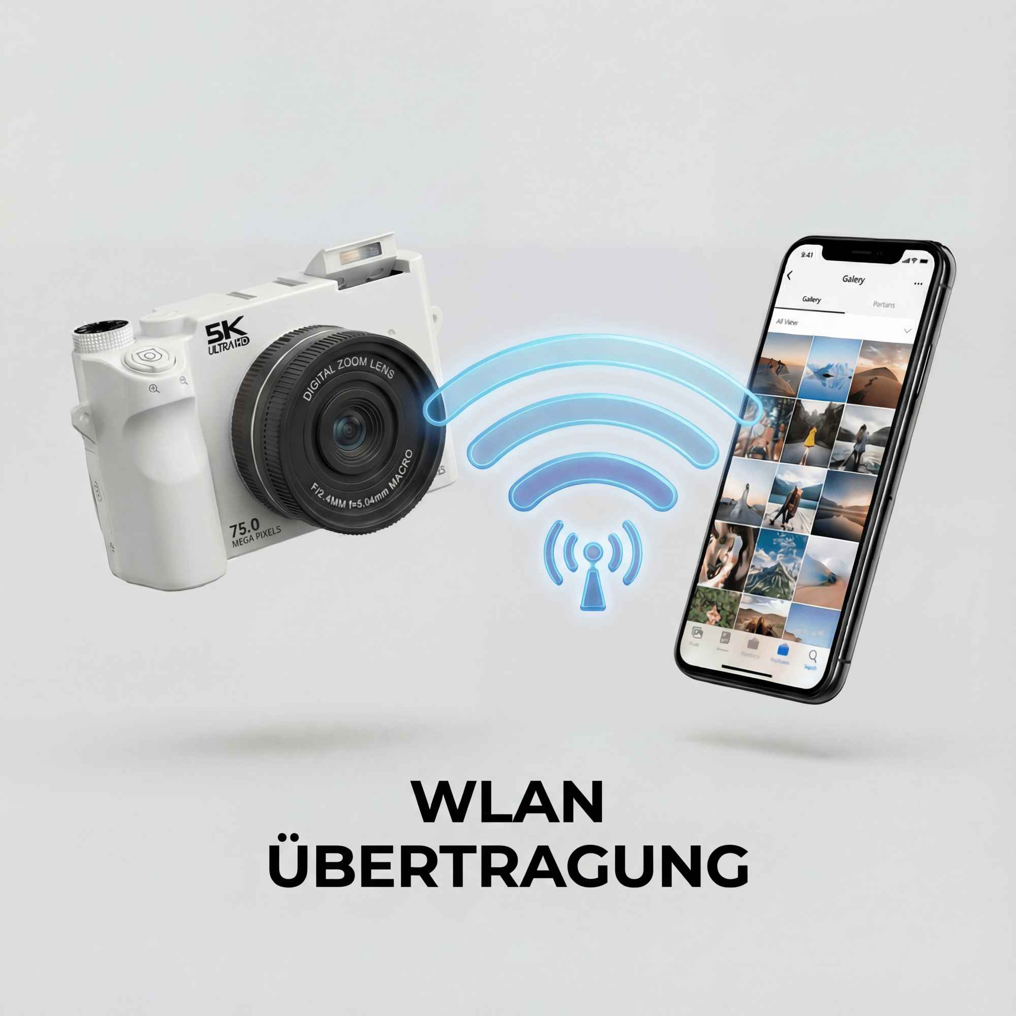 Eine weiße Kamera und ein Telefon sind per WLAN verbunden. Das Telefon zeigt eine Galerie von Bildern. WLAN Übertragung Text unten.