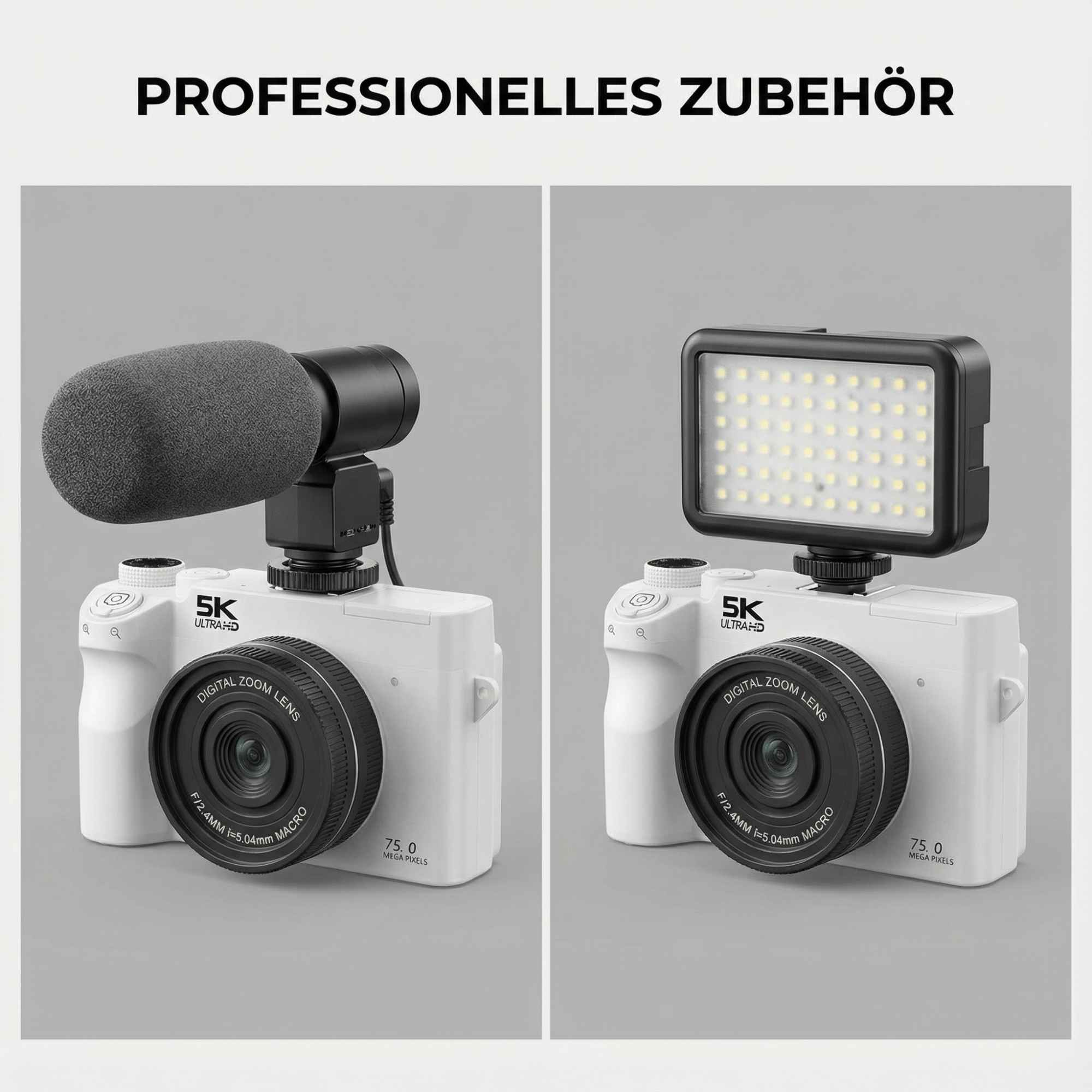 Eine weiße Kamera mit Zubehör: Mikrofon mit Schwamm und LED-Panel, beide oben angebracht.