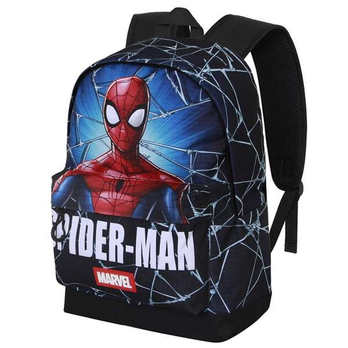 Ein Spider-Man-Rucksack. Er hat ein Bild von Spider-Man, die Worte 'Spider-Man' und ein Marvel-Logo.