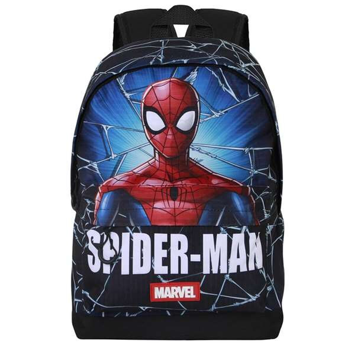 Ein Spider-Man-Rucksack. Er zeigt Spider-Mans Gesicht, die Worte 'SPIDER-MAN' und das Marvel-Logo auf schwarzem Hintergrund.