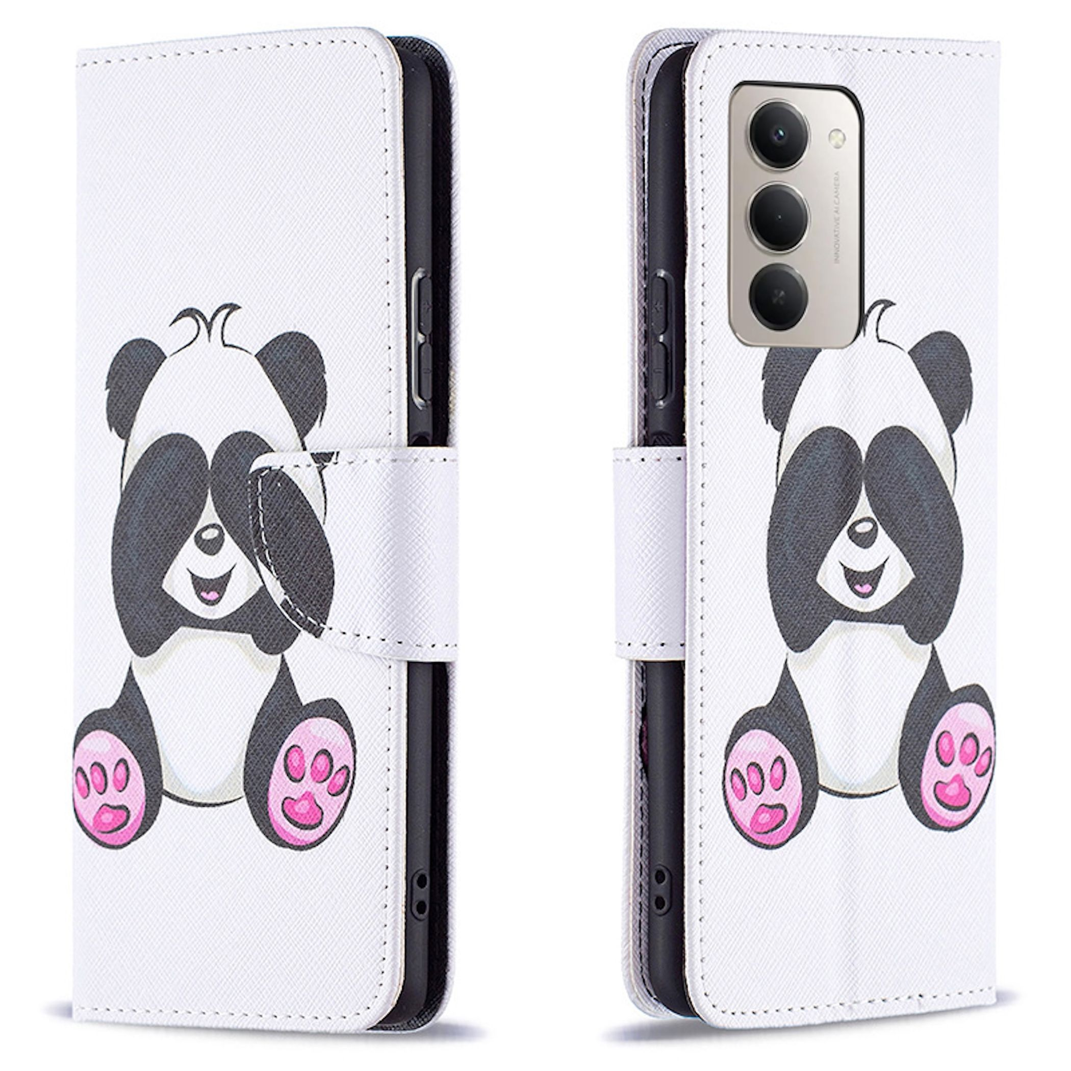 Eine weiße Handyhülle mit Panda-Design. Der Panda bedeckt seine Augen. Am Boden befinden sich rosa Pfotenabdrücke.